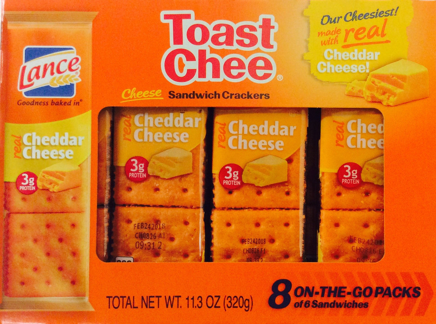 Lance Toast Chee Cheddar Cheese Sandwich Crackers 8 On-The-Go Packs Of 6 Sandwiches 11.3 Oz (Pack Of 3)
