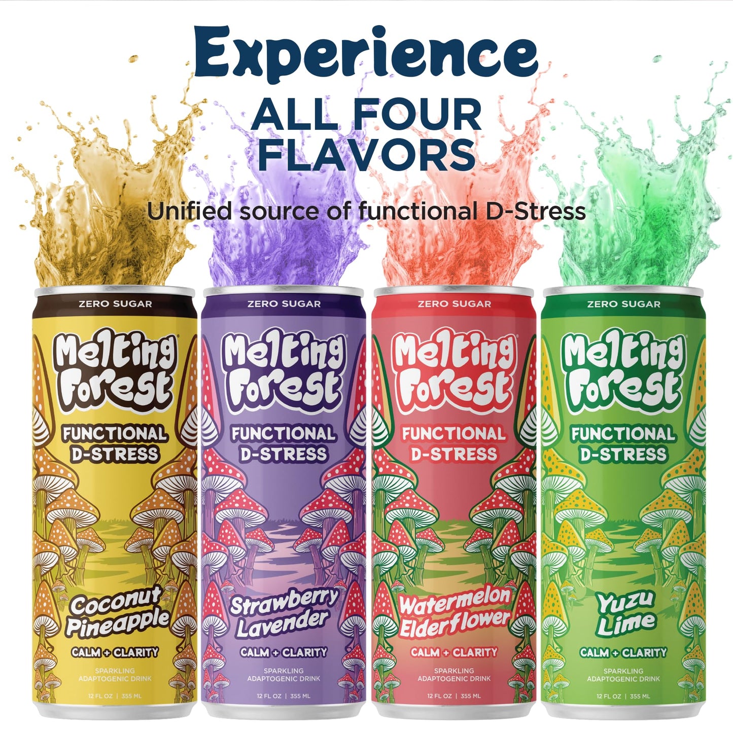 Melting Forest Mushroom D-Stress  Sparkling Adaptogen Drink with L-Theanine  Lions Mane and Vitamin B  Zero Sugar  5 Calories  Coconut Pineapple (12-Pack)