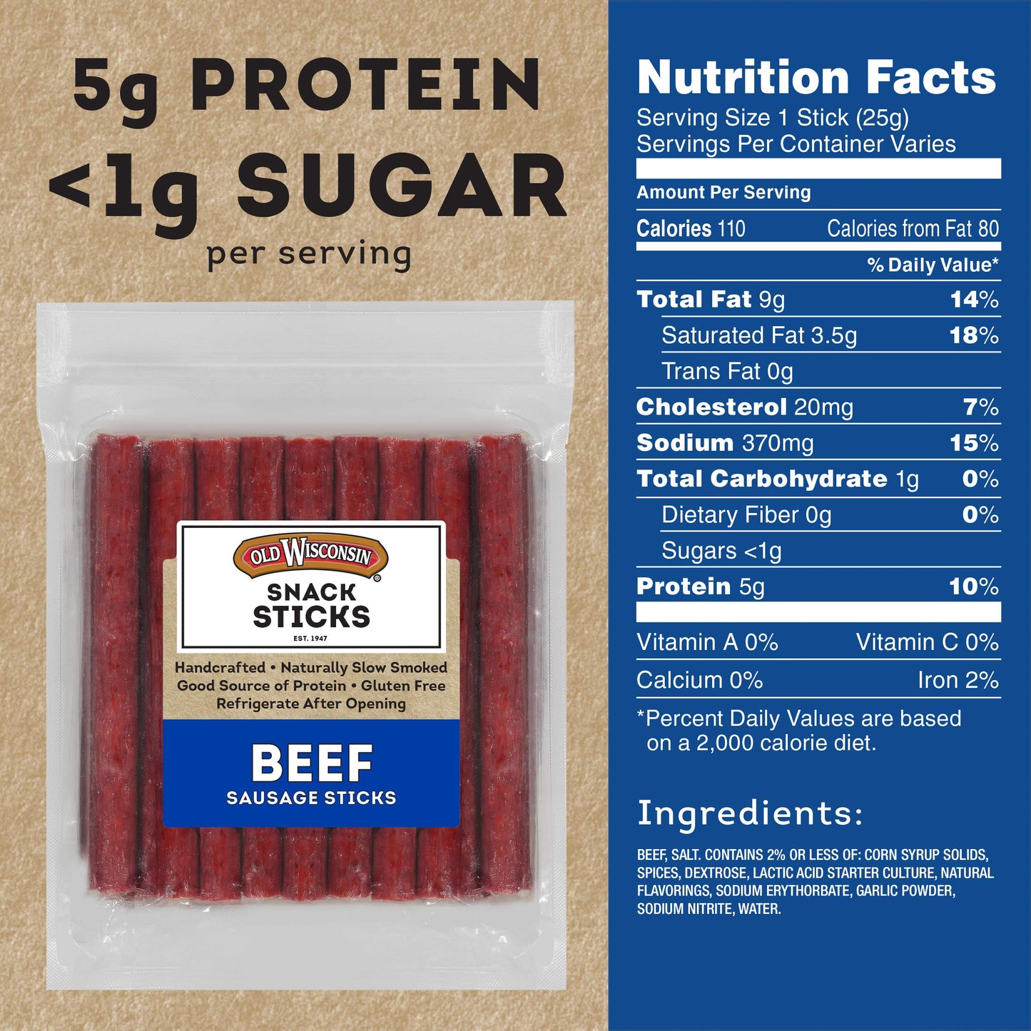 Old Wisconsin Beef Sausage Snack Sticks, High Protein, Low Carb, Gluten Free, 26 Ounce Resealable Package