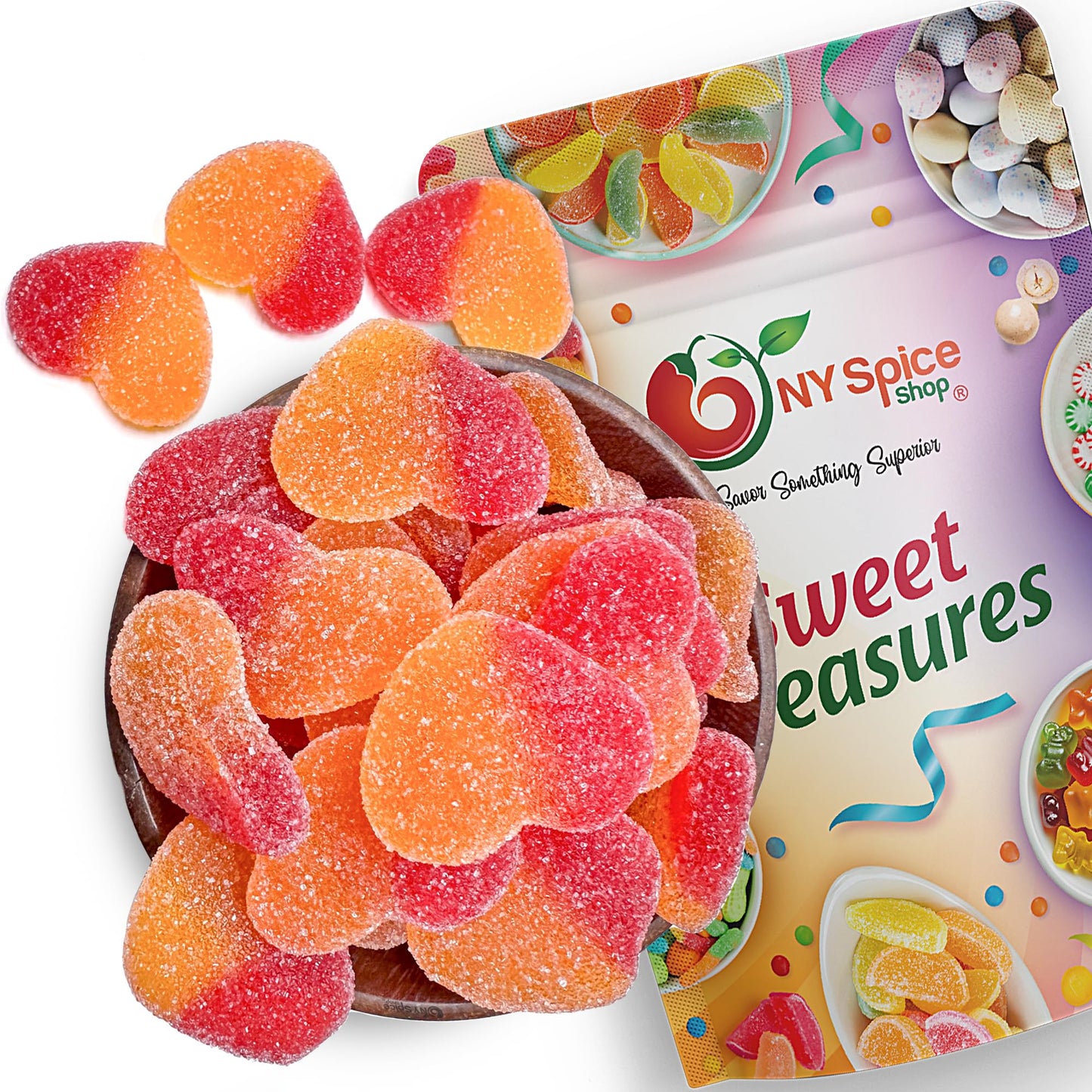 NY Spice Shop Peach Hearts Gummy Candy - 8 Ounce Peach Flavored Heart Shaped Candy - Peach Gummies Candy - Peach Gummy Candy Sna