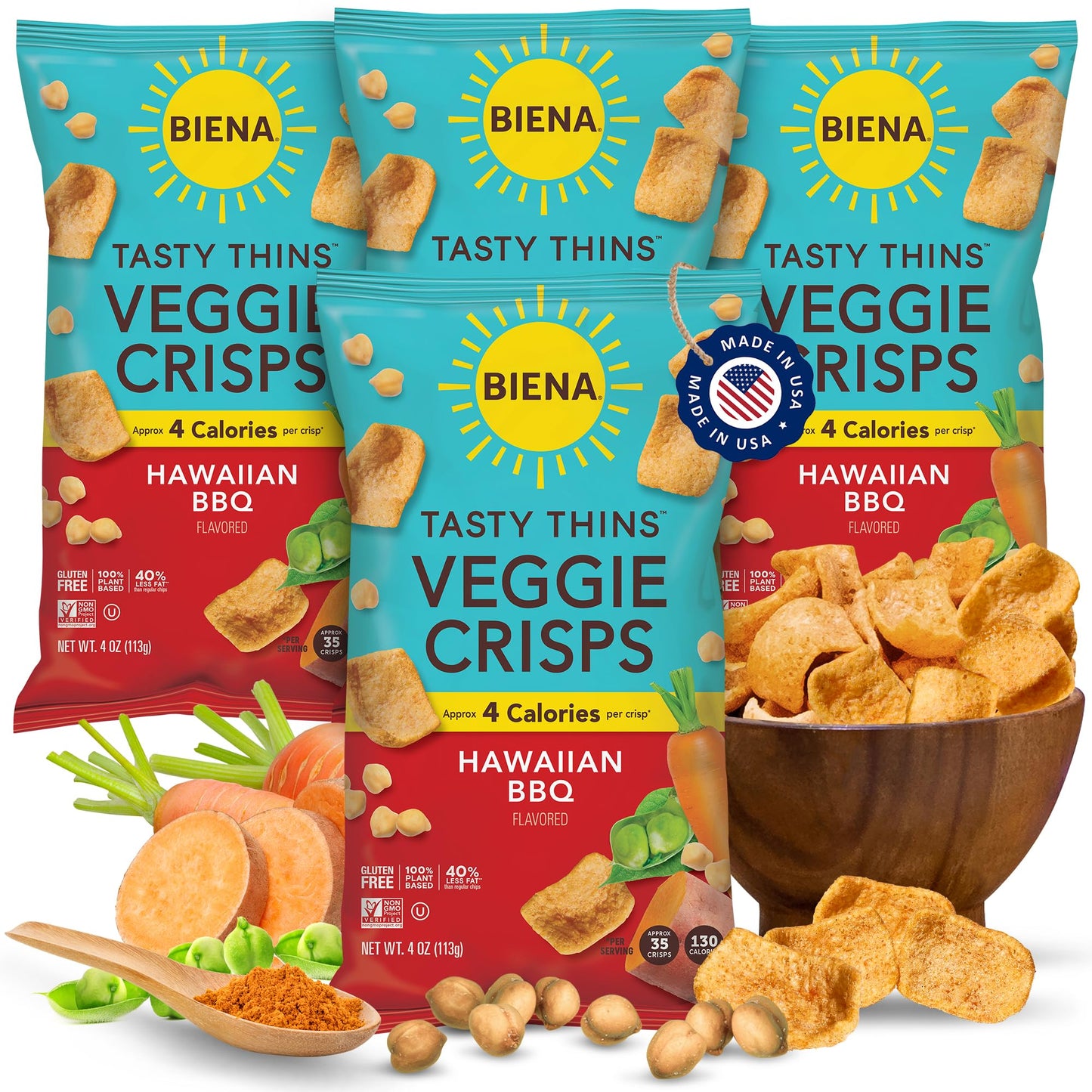 Biena Tasty Thins Veggie Crisps - Hawaiian Bbq, 4-Pack, 4 Oz Bags - Chickpeas & Veggies, Vegan, Gluten Free, Dairy-Free, Non-Gmo
