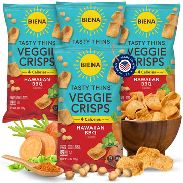 Biena Tasty Thins Veggie Crisps - Hawaiian Bbq, 4-Pack, 4 Oz Bags - Chickpeas & Veggies, Vegan, Gluten Free, Dairy-Free, Non-Gmo