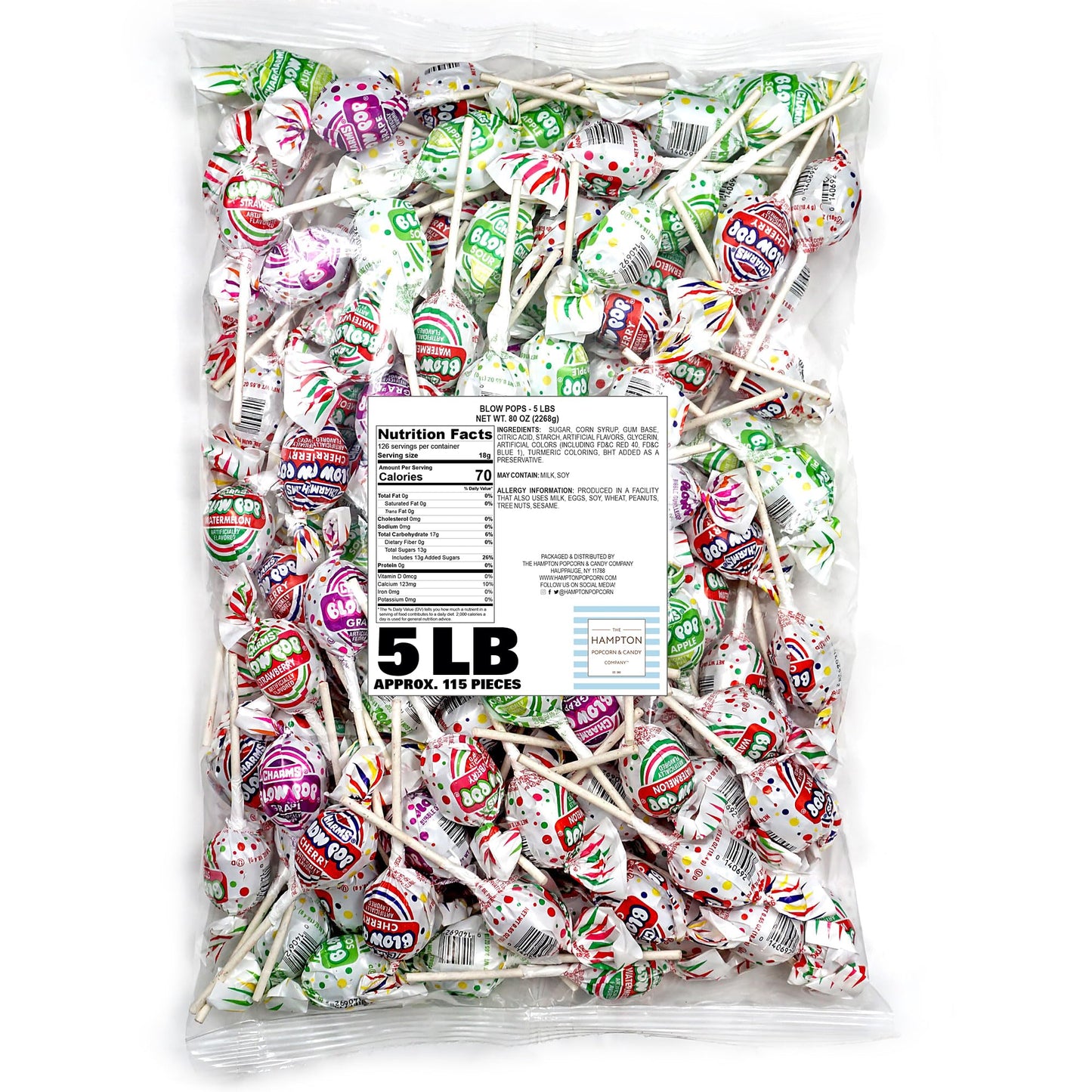 The Hampton Popcorn Company Charms Blow Pops, Assorted Fruit Flavored, 5lb Bulk Bag, Individually Wrapped Lollipops