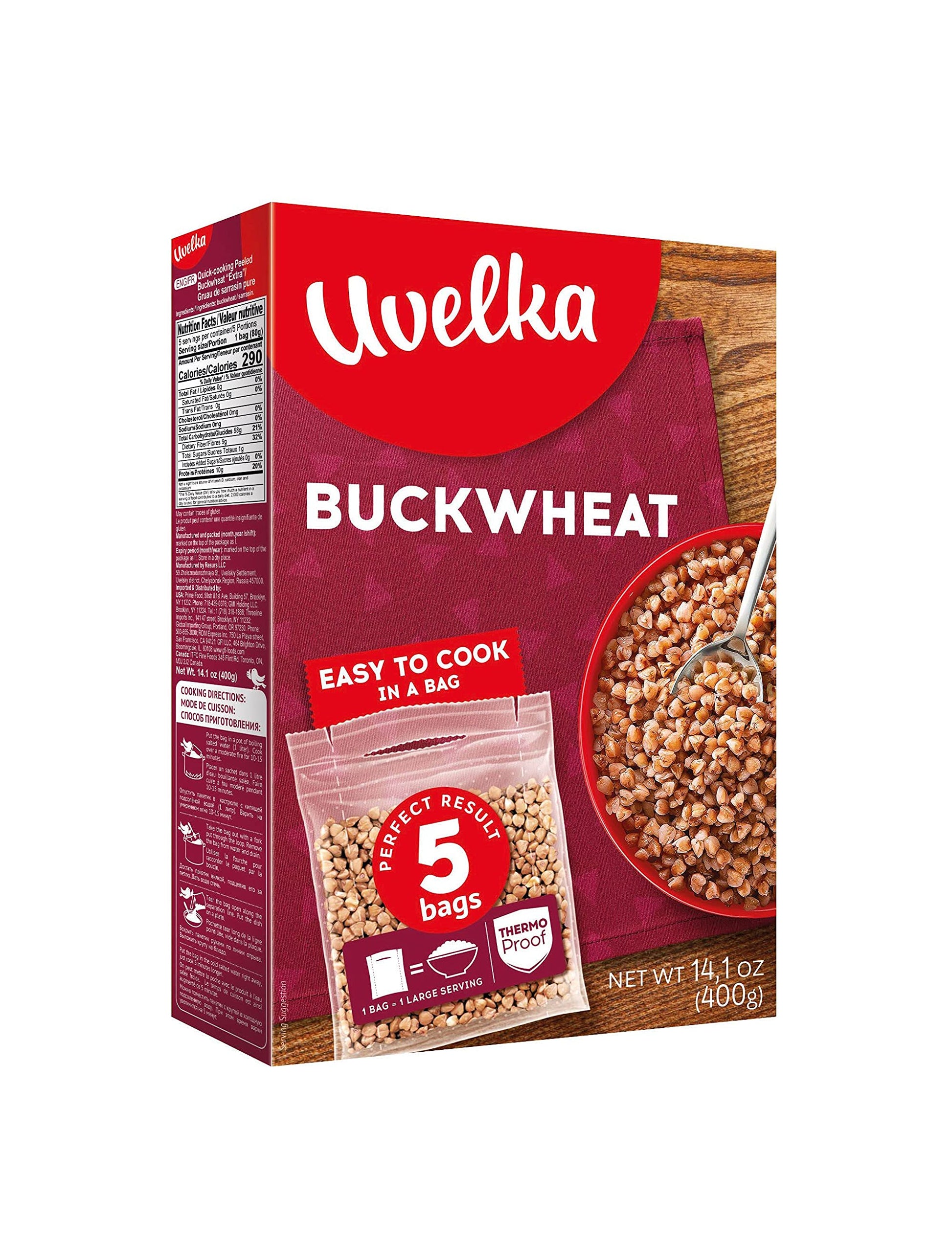 Uvelka Buckwheat Boil In Bag, 5 ct x 2.8 oz, Net weight 14 Ounce / 400 Gram, organic food