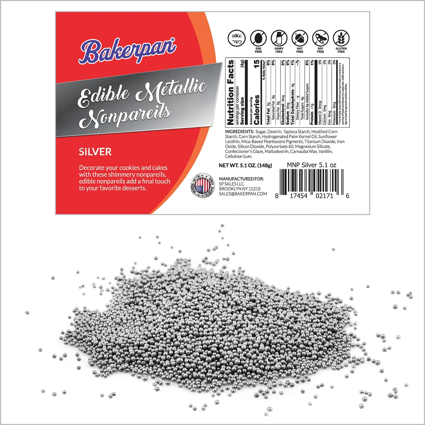 Bakerpan Edible Silver Nonpareils Sprinkles for Cupcakes, Silver Sprinkles Edible for Cake Decorating - 5.1 Ounces (Made in USA)