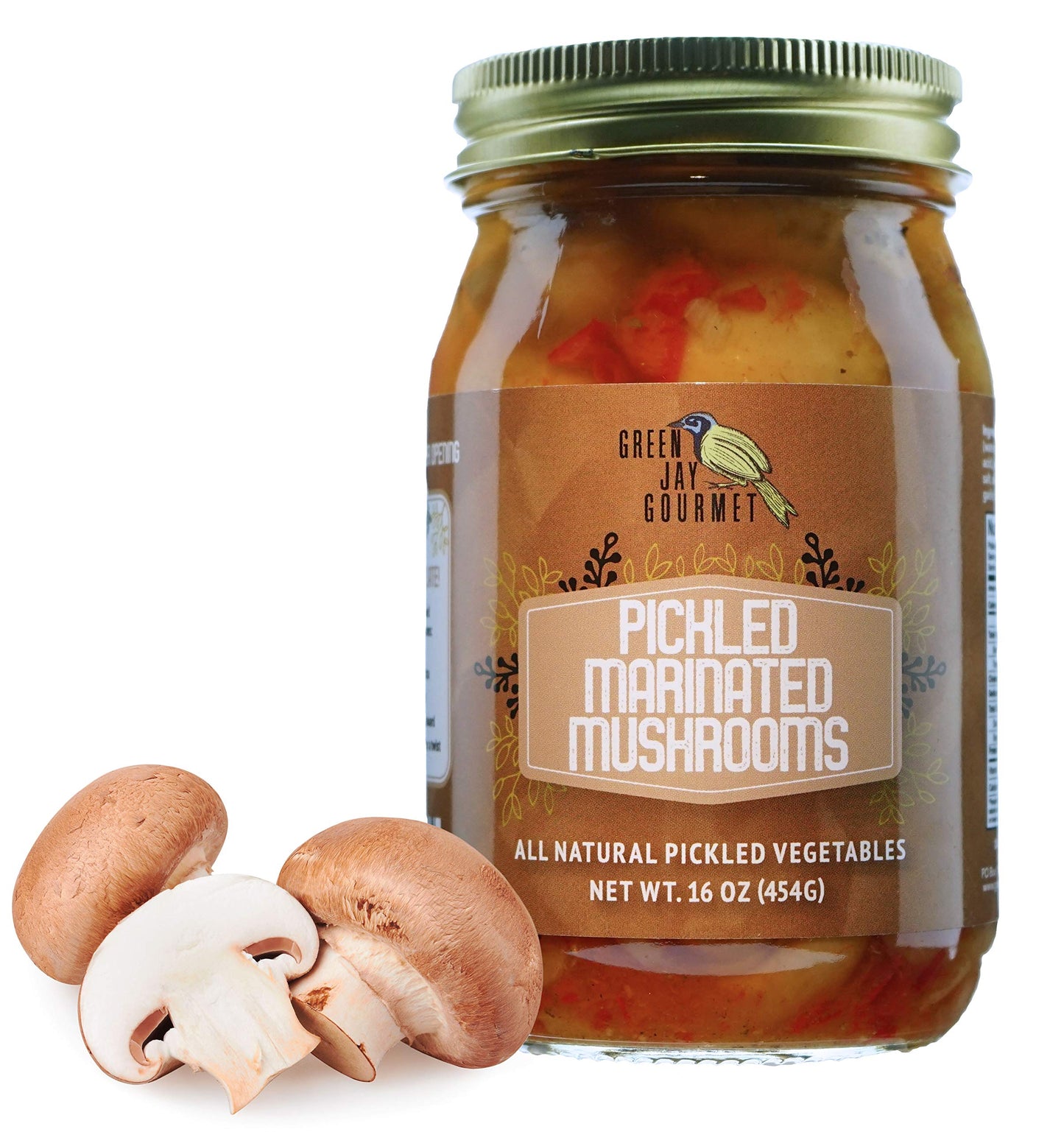 Green Jay Gourmet Marinated Mushrooms - Fresh Pickled Vegetables - 16 Ounce Jar