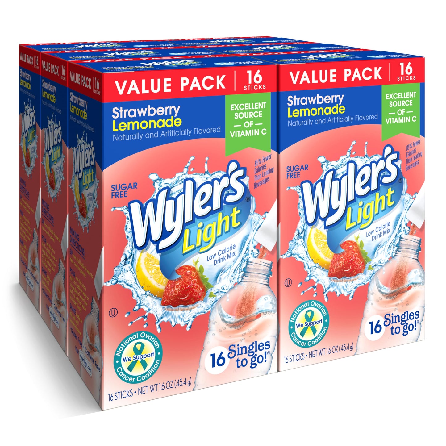 Wyler s Light Singles To Go Powder Packets, Water Drink Mix, Strawberry Lemonade, 16 Count, 6 Boxes (96 Single Servings)