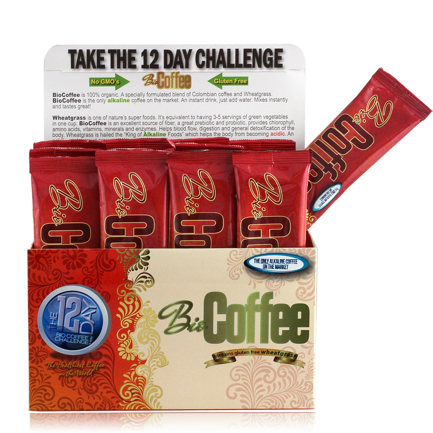 Bio Coffee- New! - First Organic Instant Non-Dairy Alkaline Coffee (12 Sachet Box)