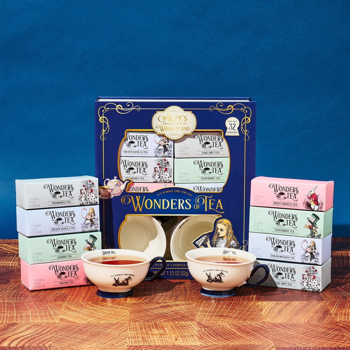 Alice’S Adventures In Wonderland Tea Assortment Gift Set, Includes 2 Ceramic Cups And 32 Tea Bags Of Herbal, Black, And Green Tea In Whimsical Book-Shaped Packaging, Set Of 34