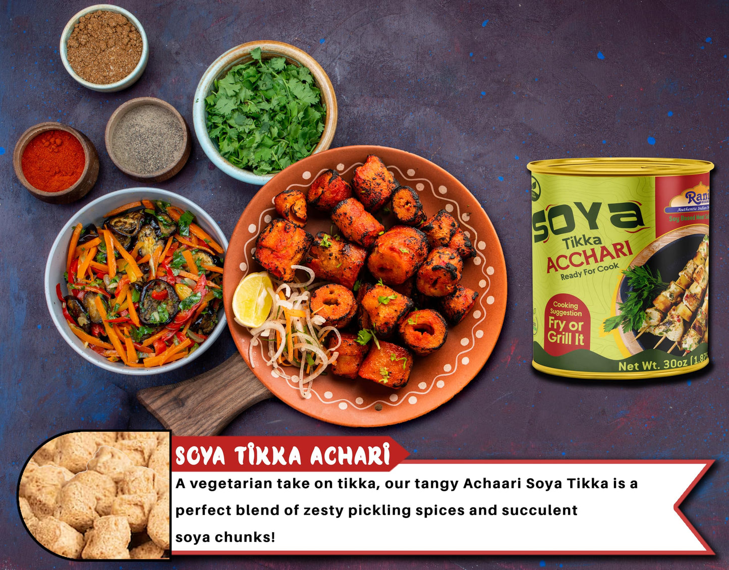 Rani Soya Tikka Achari 30Oz (1.875Lbs) 850G, Pack Of 6, Ready For Cook ~ Easy Open Lid | All Natural | Vegan | No Colors | Non-G