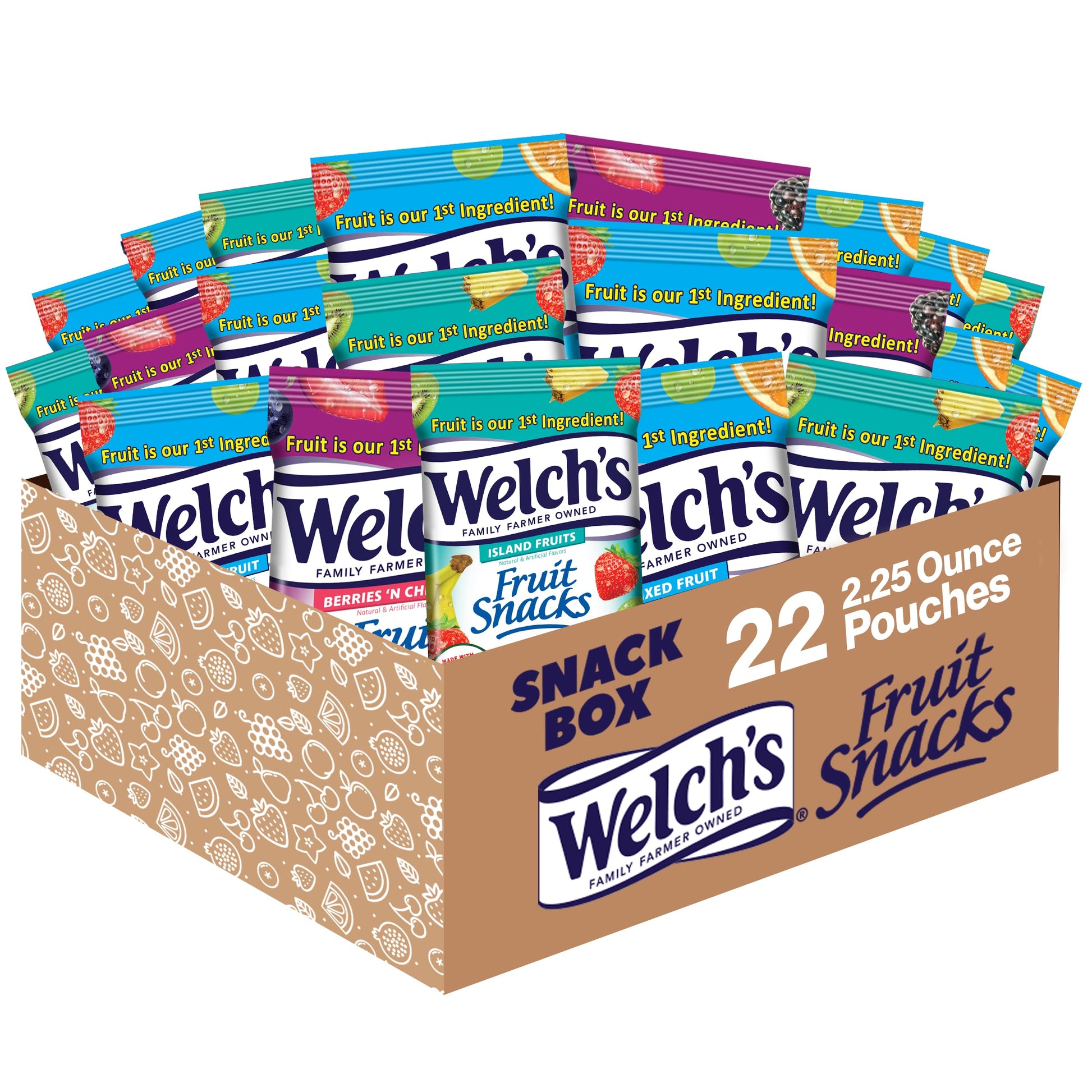 Welch'S Fruit Snacks, Variety Pack With Mixed Fruit, Island Fruits & Berries 'N Cherries, Gluten Free, 2.25 Oz Bags (Pack Of 22)