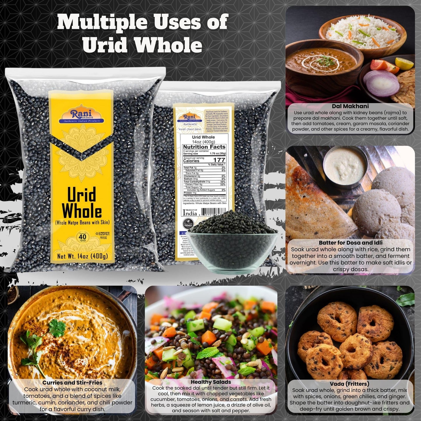 Rani Urid/Urad Whole Black (Matpe Beans With Skin) Indian Lentils 14Oz (400G) ~ All Natural | Gluten Friendly | Non-Gmo | Kosher