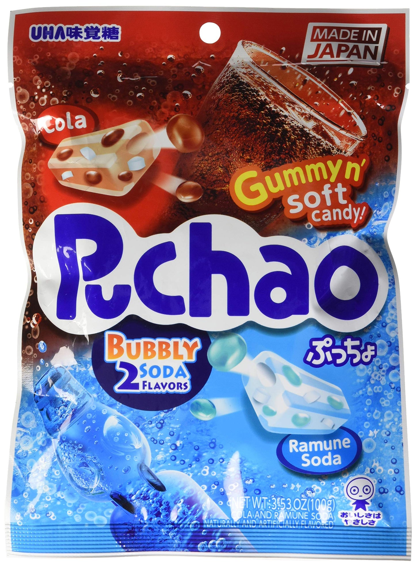 UHA Mikakuto Puchao Soft Candy with Gummy Bits, Cola and Ramune Soda Flavors, 3.53 oz (Pack of 6)