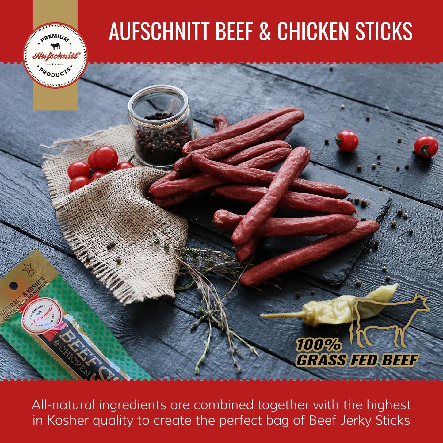 Aufschnitt Grass Fed Beef Jerky Sticks - Low Sodium, Certified Kosher - Halal And Keto Friendly - 10 Pack, Variety