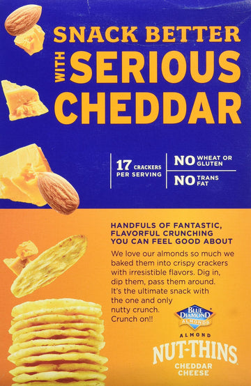 Blue Diamond Almonds Nut-Thins Gluten Free Cracker Crisps, Cheddar Cheese, Family Size, 7.7 Oz