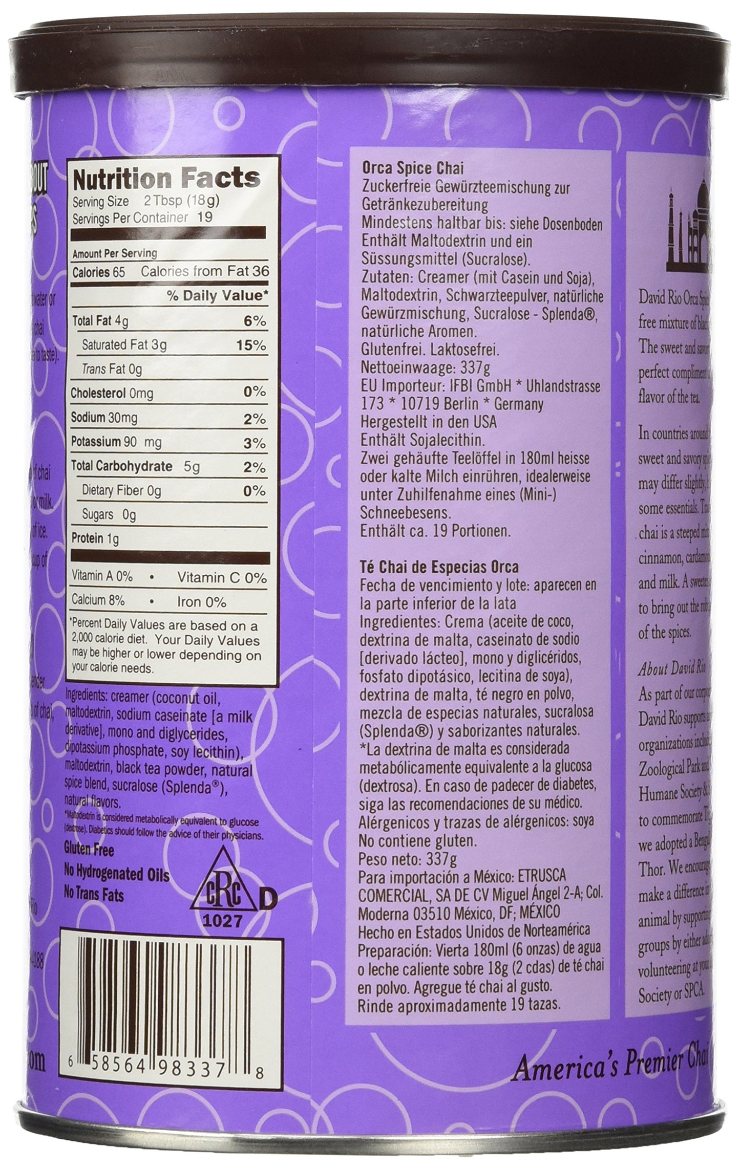 David Rio Orca Spice Sugar-Free Chai, 11.9oz Canisters - Pack of 2, Deliciously Sweet & Guilt-Free Herbal Beverage