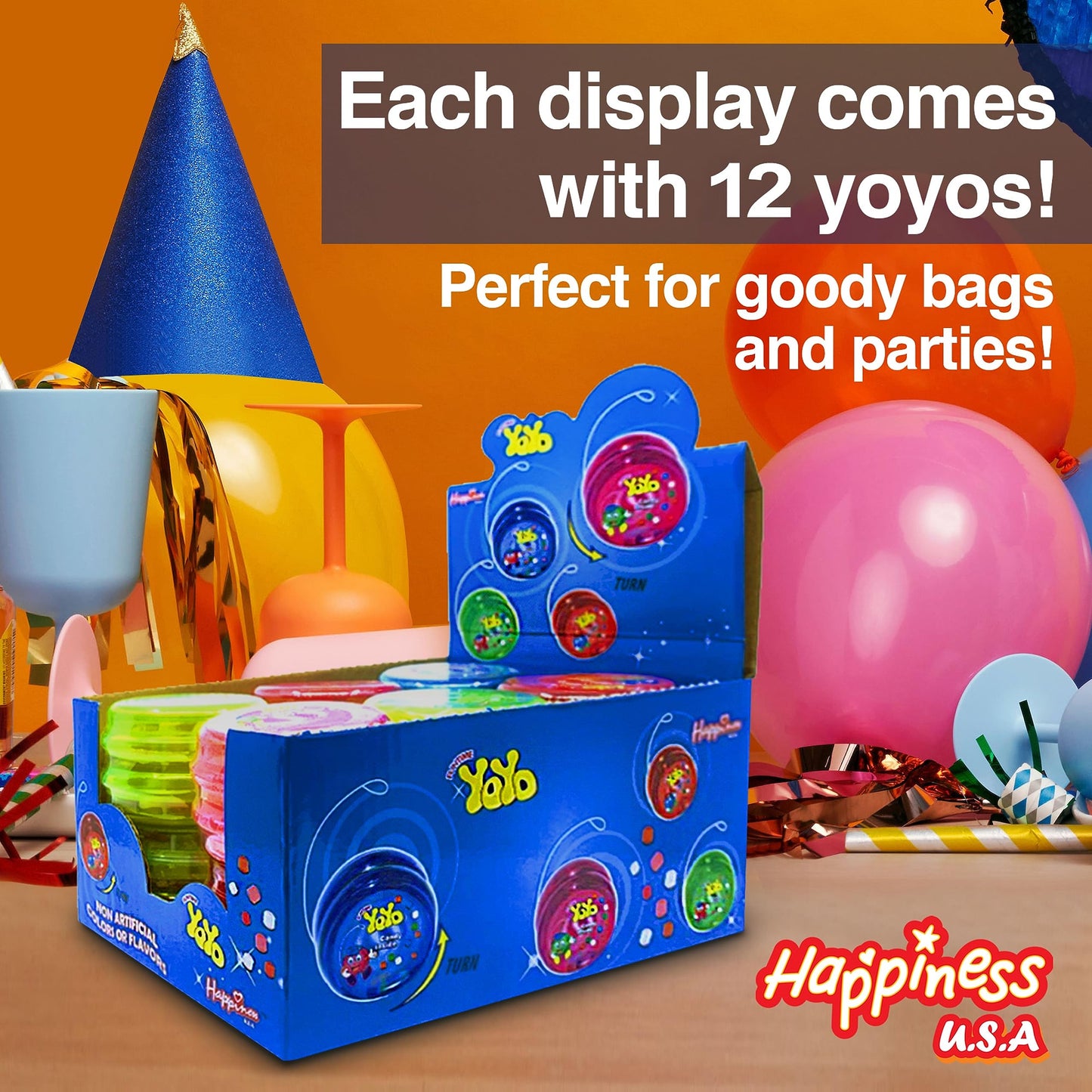Happiness USA YoYo FIlled with Strawberry Hard Candy Pack of 12 | Novelty Toy & Individually Wrapped Candy Variety Pack | No Art