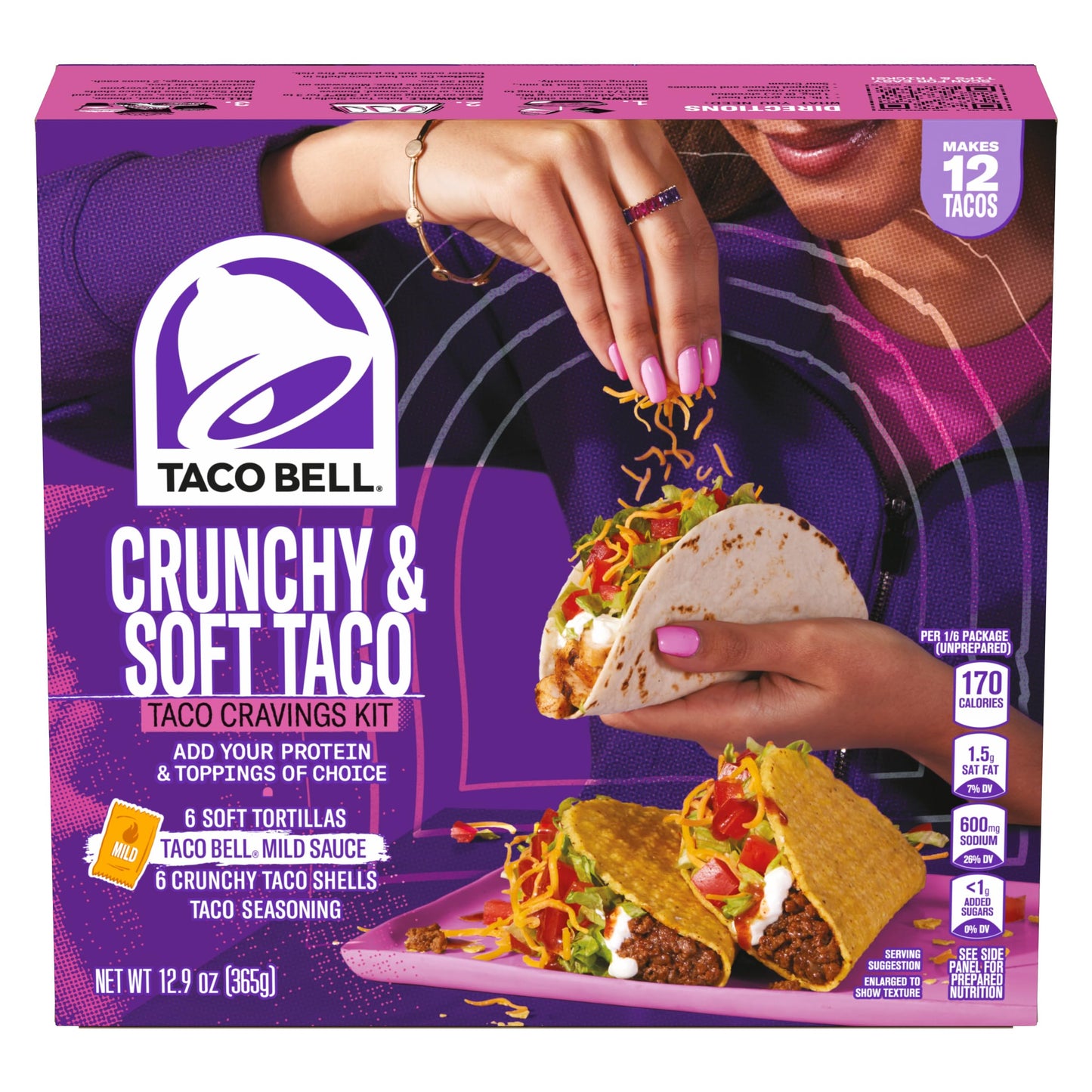 Taco Bell Crunchy & Soft Taco Cravings Kit with 6 Soft Tortillas, 6 Crunchy Taco Shells, Taco Bell Mild Sauce & Seasoning, 12.9 