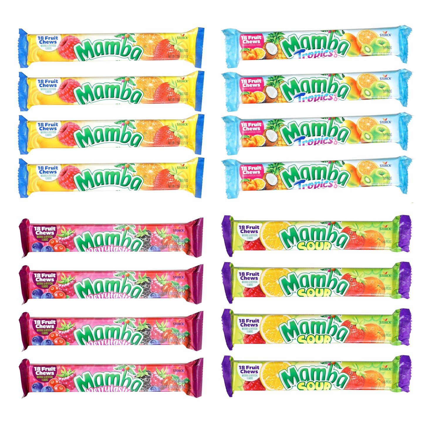 Mamba Sticks Snack Variety Pack, 16 Pack Mamba Candy, Original, Tropics, Sour, Tropics, Berrytasty