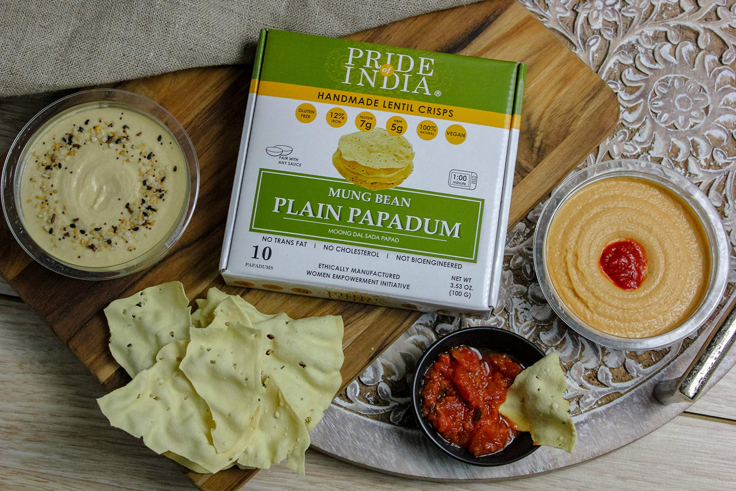 Pride Of India - Mung Bean Plain Papadum Lentil Crisp, 10 count (3.53oz - 100gm) - Plant Based Protein Snack, Gluten-Free Vegan