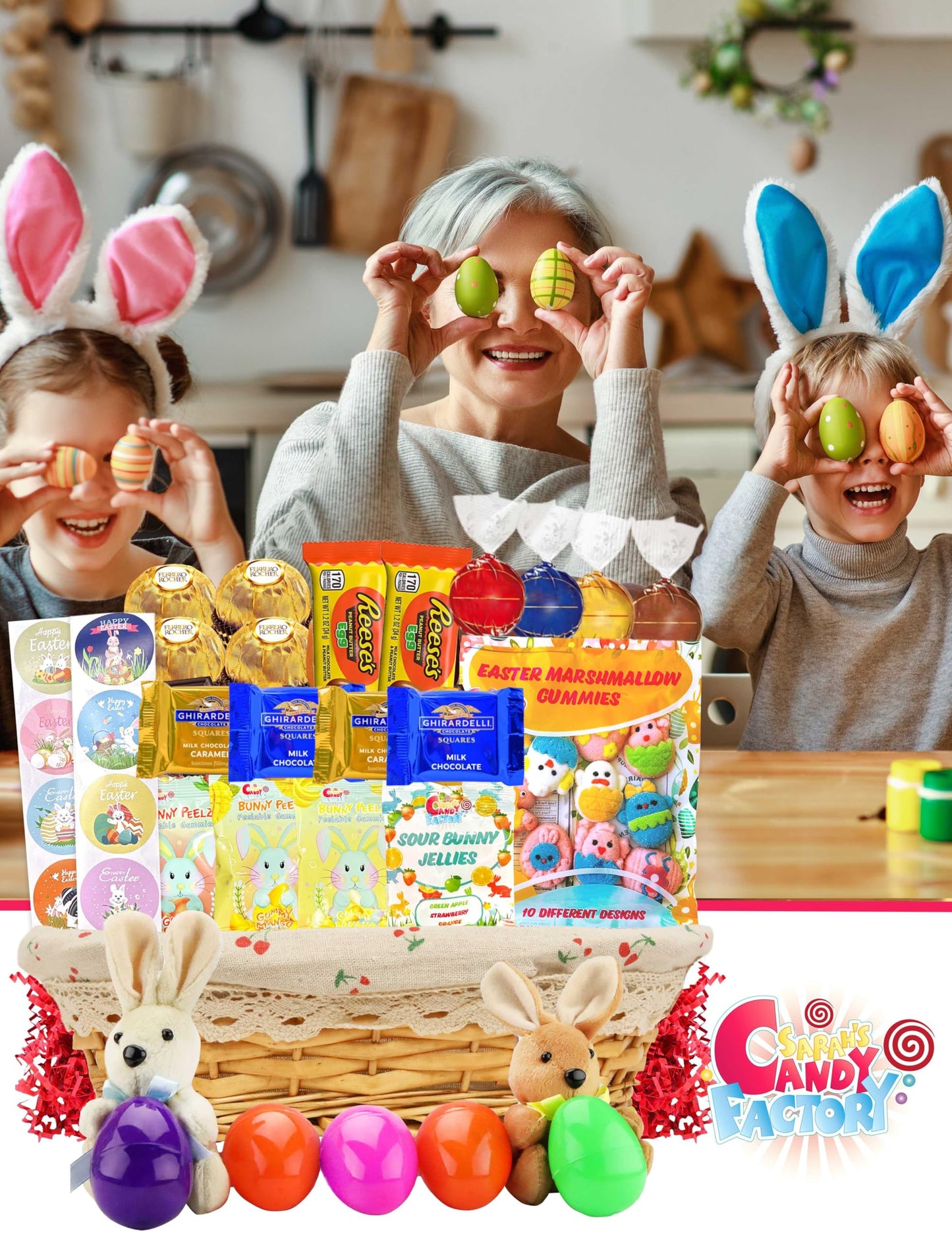 Easter Snack Basket With Liner (44 Count) Filled With Treats, Peelable Gummies, Marshmallow Gummies, Bunny And More, Great Packa
