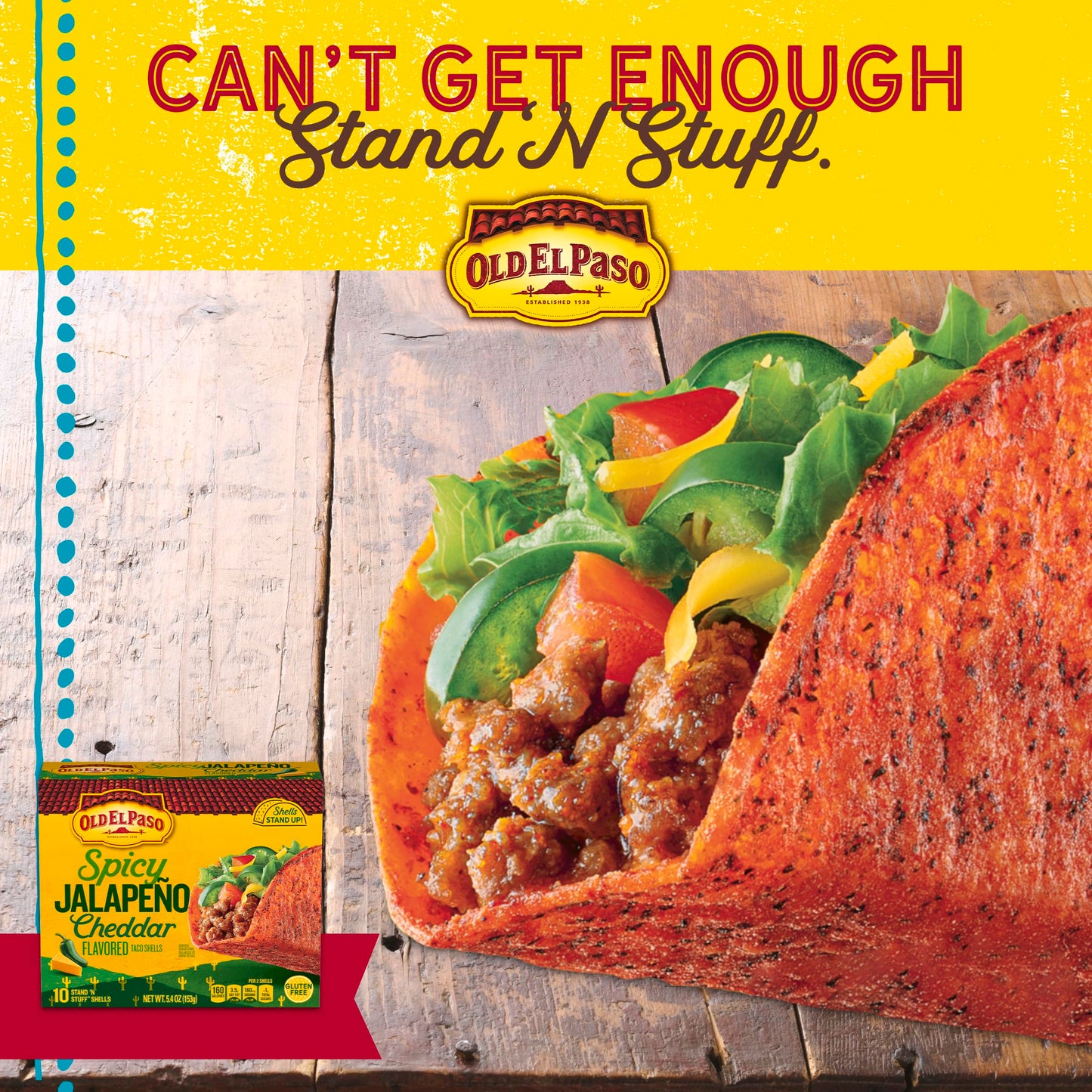 Old El Paso Stand N Stuff Taco Shells, Spicy Jalapeño Cheddar, Gluten Free, 5.4 oz.