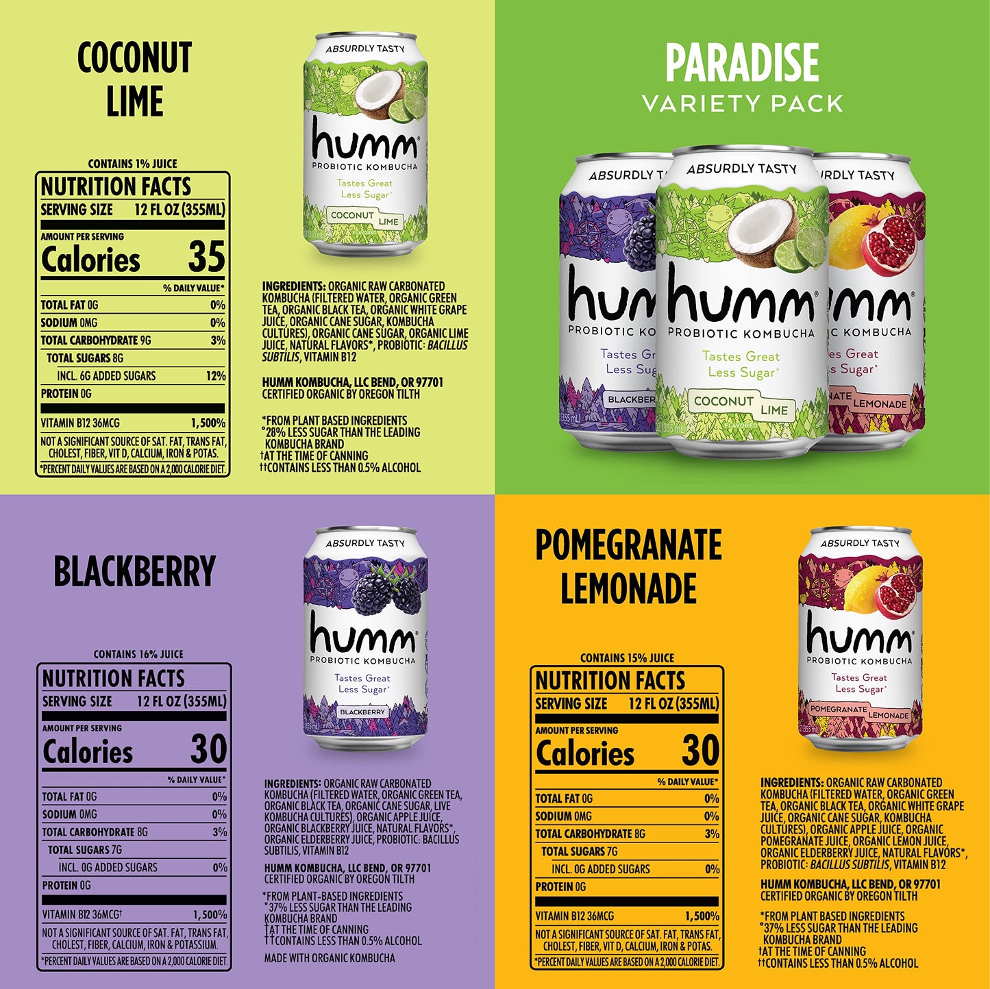 Humm Kombucha Paradise Variety 12 Pack, 2 Billion Probiotics For Gut Health, Blackberry, Coconut Lime, Pomegranate Lemonade