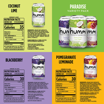 Humm Kombucha Paradise Variety 12 Pack, 2 Billion Probiotics For Gut Health, Blackberry, Coconut Lime, Pomegranate Lemonade