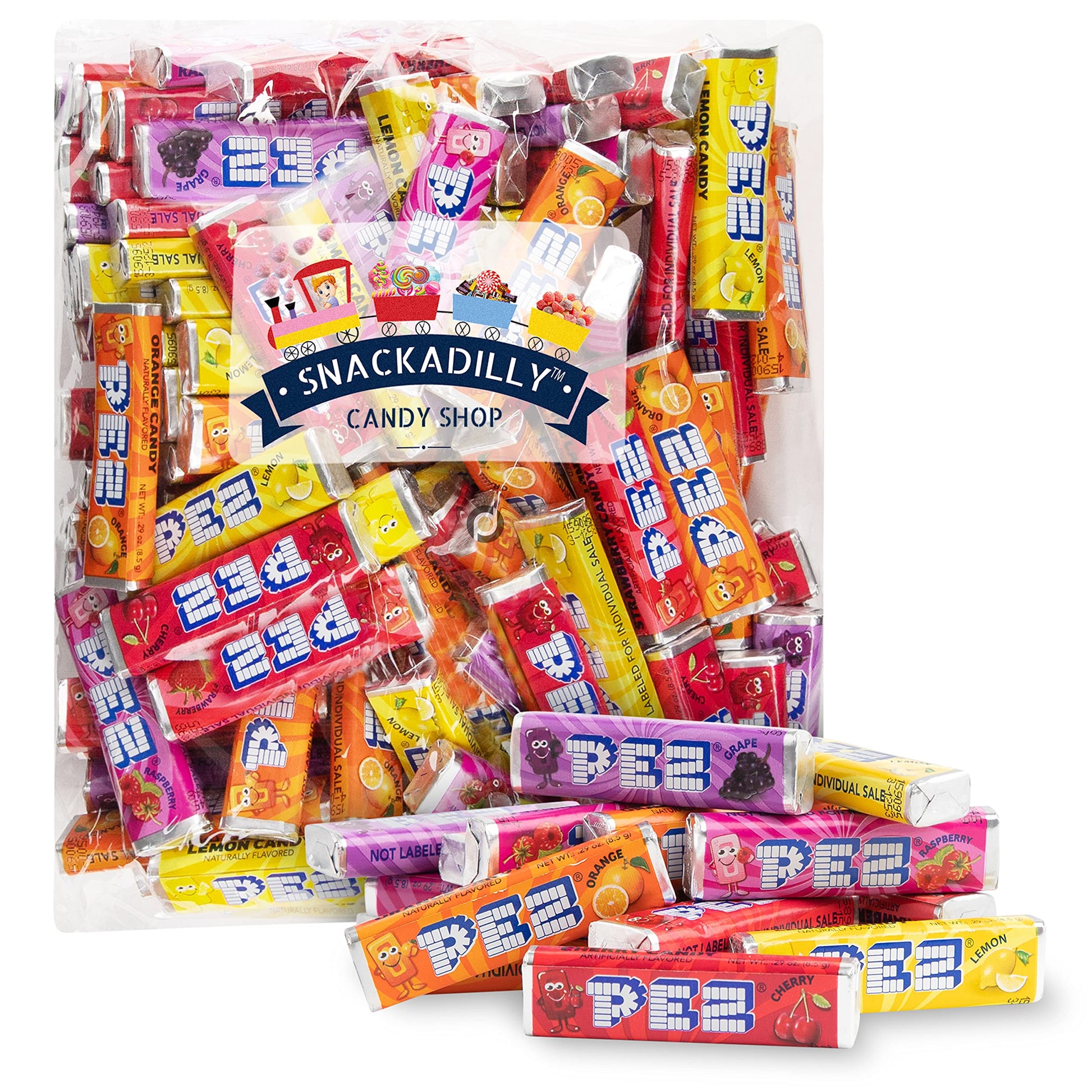 Snackadilly Pezz Candy Refills (About 100 Rolls) "Value Size" 2Lb Bulk Bag - Cherry, Strawberry, Lemon, Grape, Orange, & Raspberry Flavors - By Snackadilly
