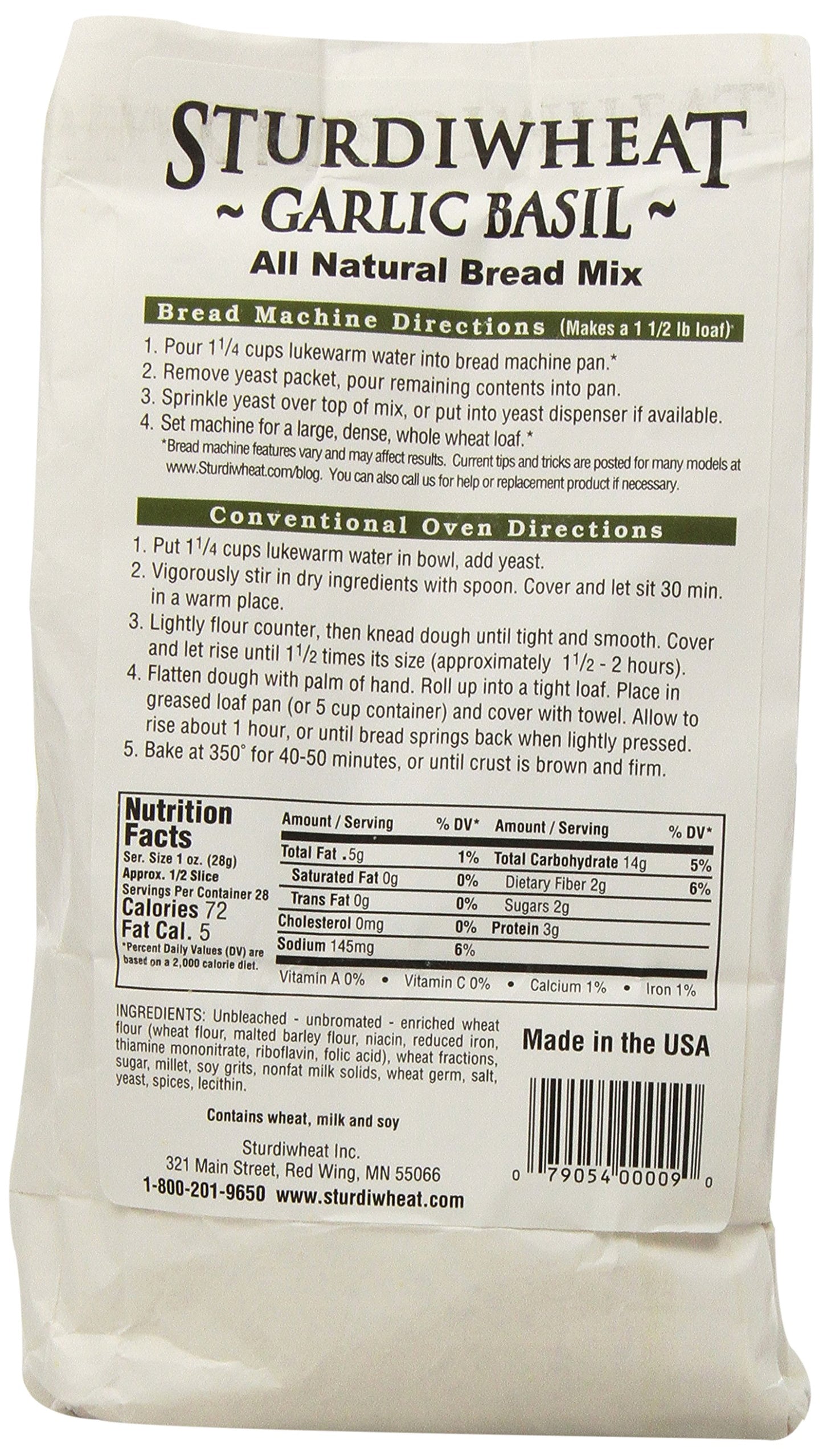 Sturdiwheat All Natural Bread Mix, Garlic Basil, 1lb Package (Pack of 4)