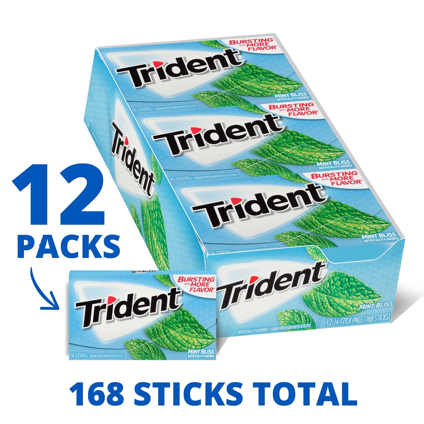 Trident Sugar-Free Chewing Gum, Mint Bliss Flavor, 14 Pieces per Pack, 12 Packs, Green, Model 12546011495