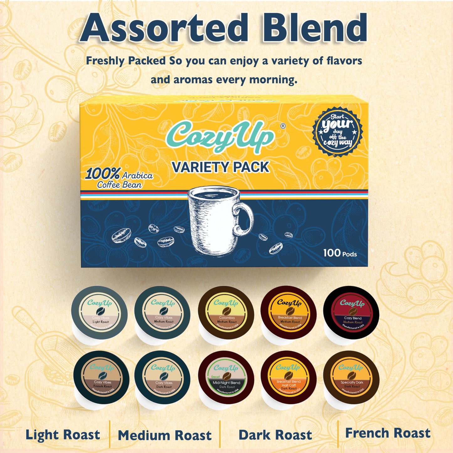 Cozy Up Coffee Pods Compatible with Keurig, 10 Assorted Flavors, 100 Count