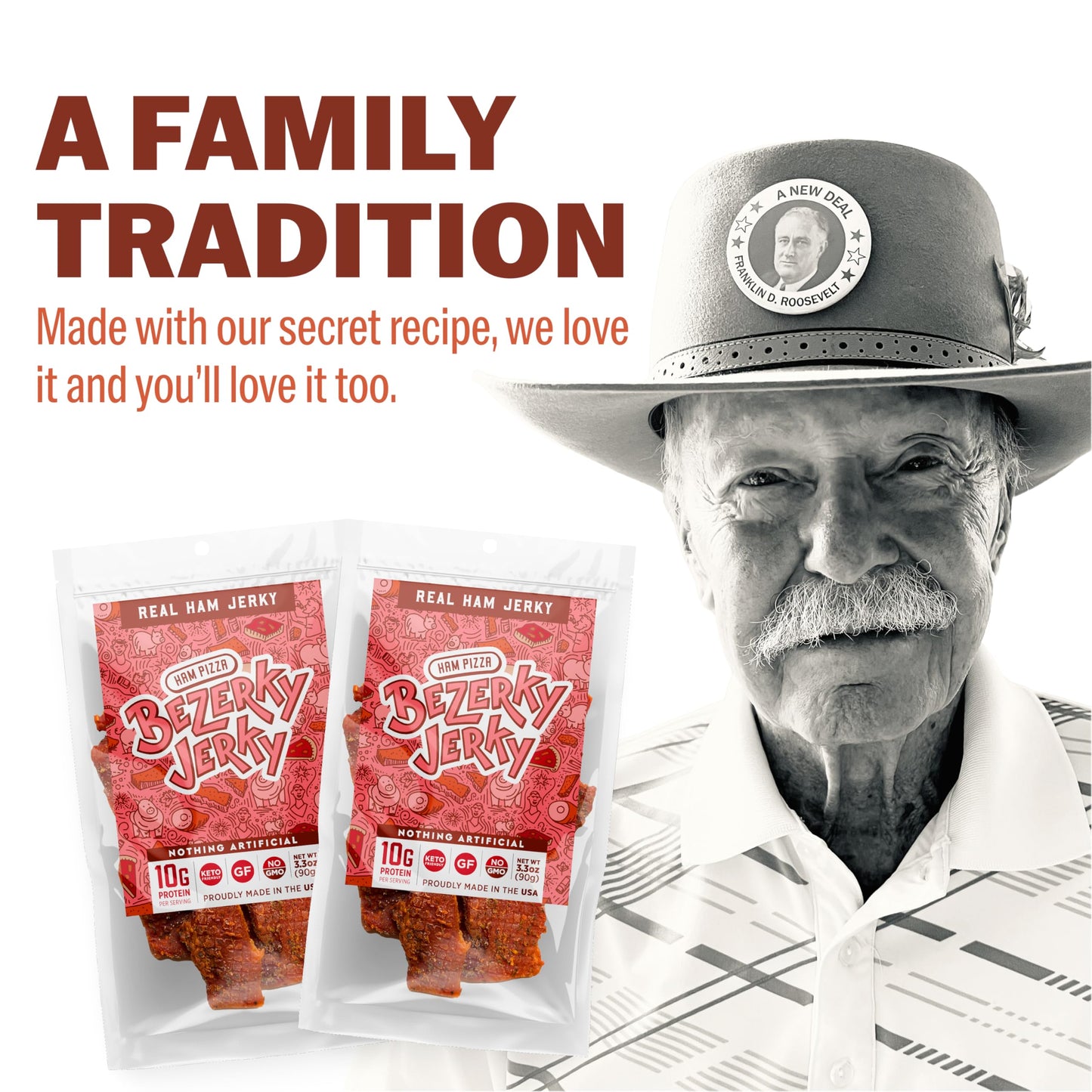 Bezerky Jerky Premium Ham Jerky | Gluten-Free | Low Fat High Protein | 3.3 oz (Pack of 6)