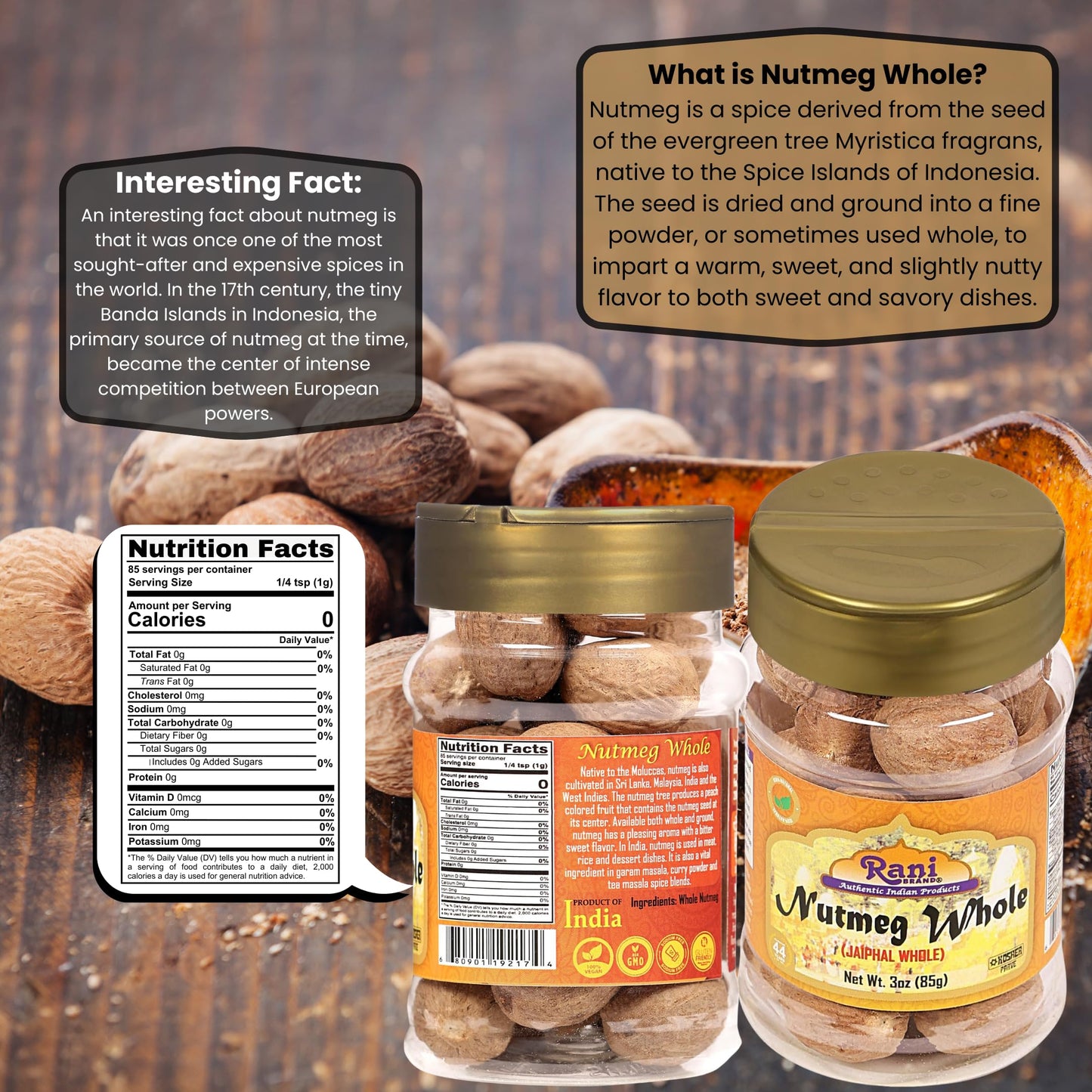 Rani Nutmeg Whole Spice, Vegan, Gluten Friendly, Non-GMO, Kosher, 3oz (85g) PET Jar, Indian Origin