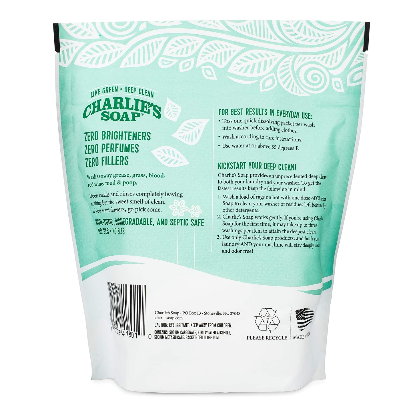 Charlies Soap - Unscented Powdered Laundry Packets 30 Count (6 Pack 180 Total Loads)