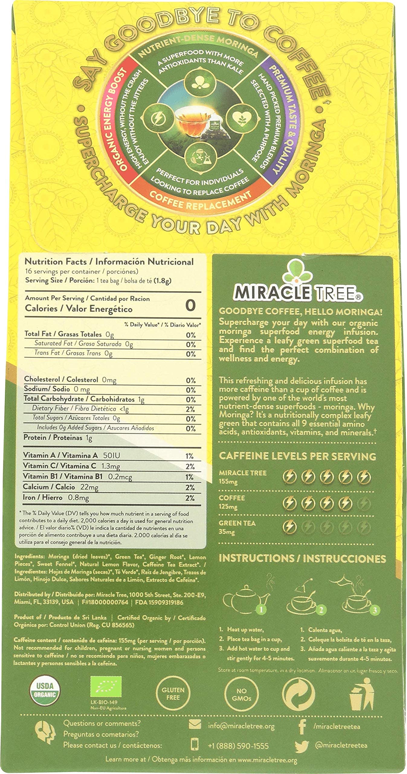 Tree Moringa Energy Tea - Green Tea, Ginger & Lemon, Organic Non-GMO, 5 Pack of 16 Pyramid Sachets