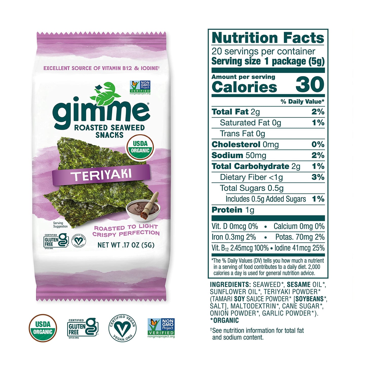 gimMe Organic Roasted Seaweed Sheets - Teriyaki Flavor, 20 Count - Keto, Vegan, Gluten Free Snack for Kids & Adults, Rich in Iodine & Omega 3’s