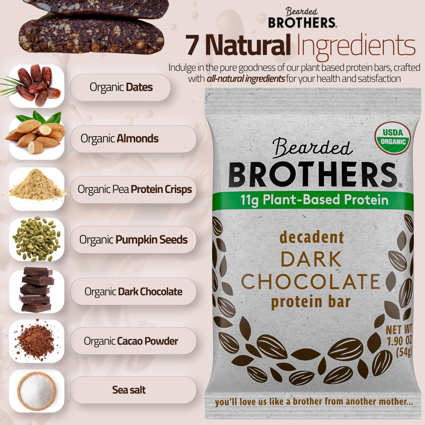 Bearded Brothers Organic Protein Bars, Dark Chocolate (10 Pack) - 11G Of Plant Based Protein Gluten Free Vegan, Non-Gmo Healthy Snacks For Mature-Themeds Good Source Of Fiber