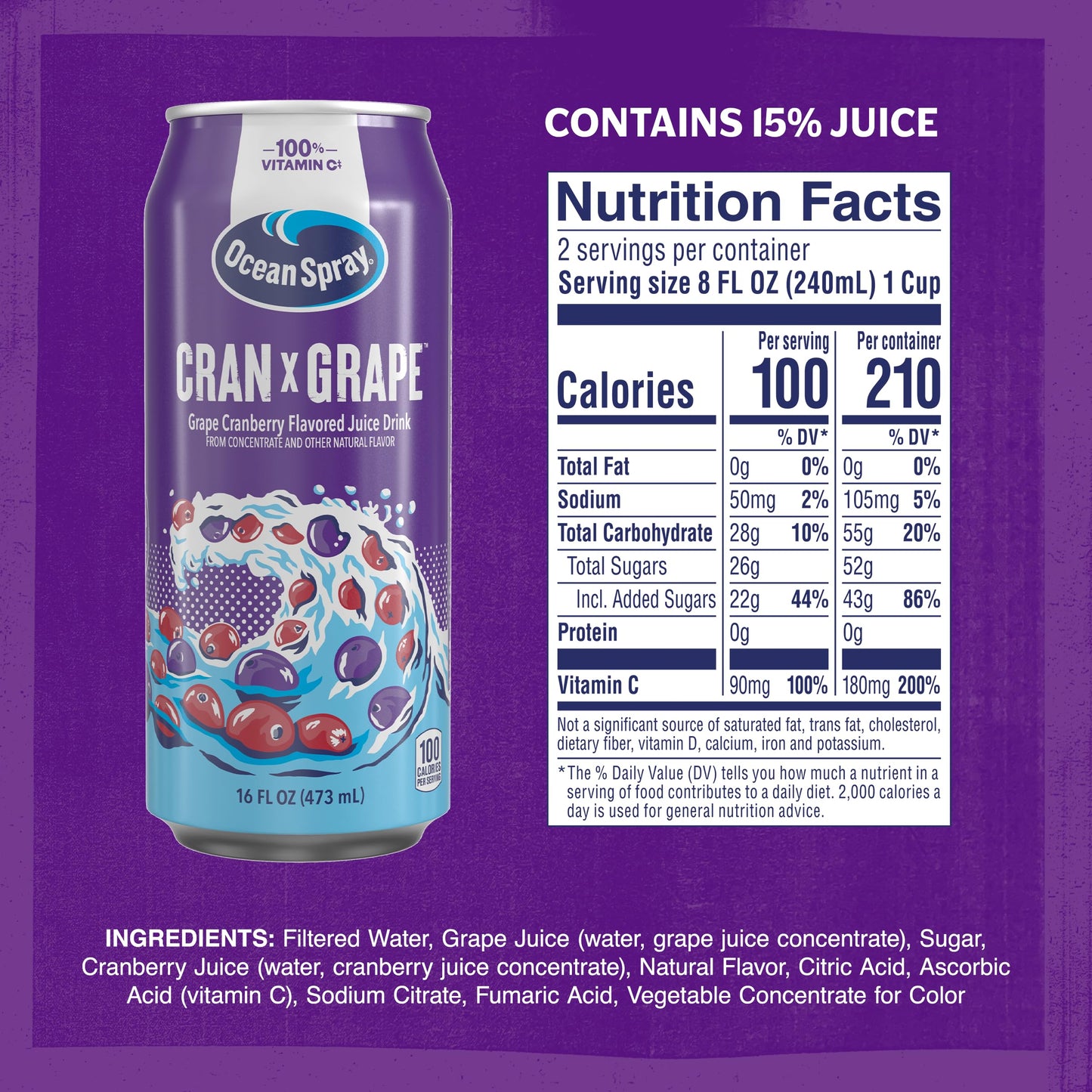 Ocean Spray Cran-G Cranberry G Juice Drink  16oz can (12 Pack)