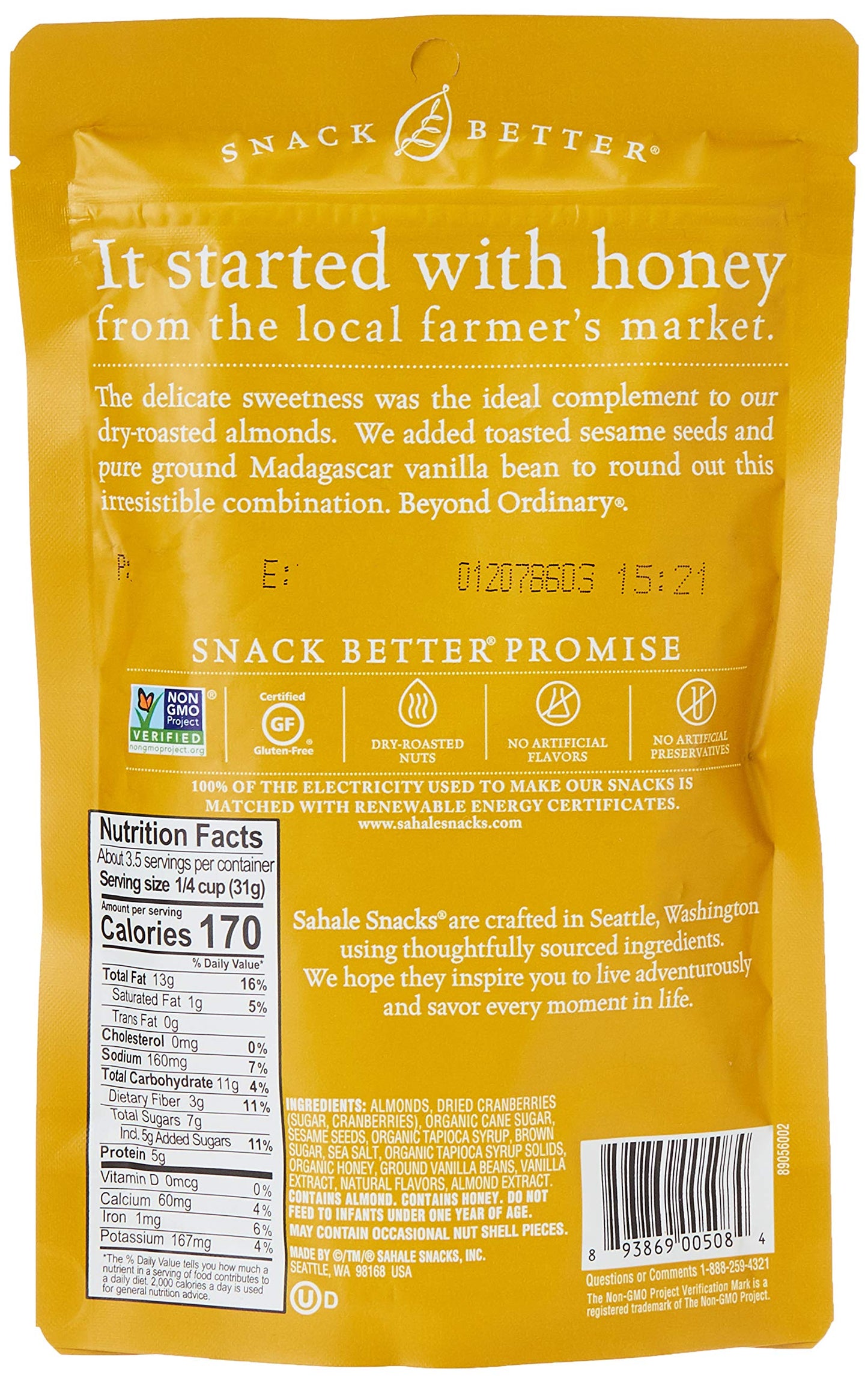 Sahale Snacks Honey Almonds Glazed Mix, 4 Oz., Pack Of 1 – Nut Snacks In A Resealable Pouch, No Artificial Flavors, Preservatives Or Colors, Gluten-Free Snacks
