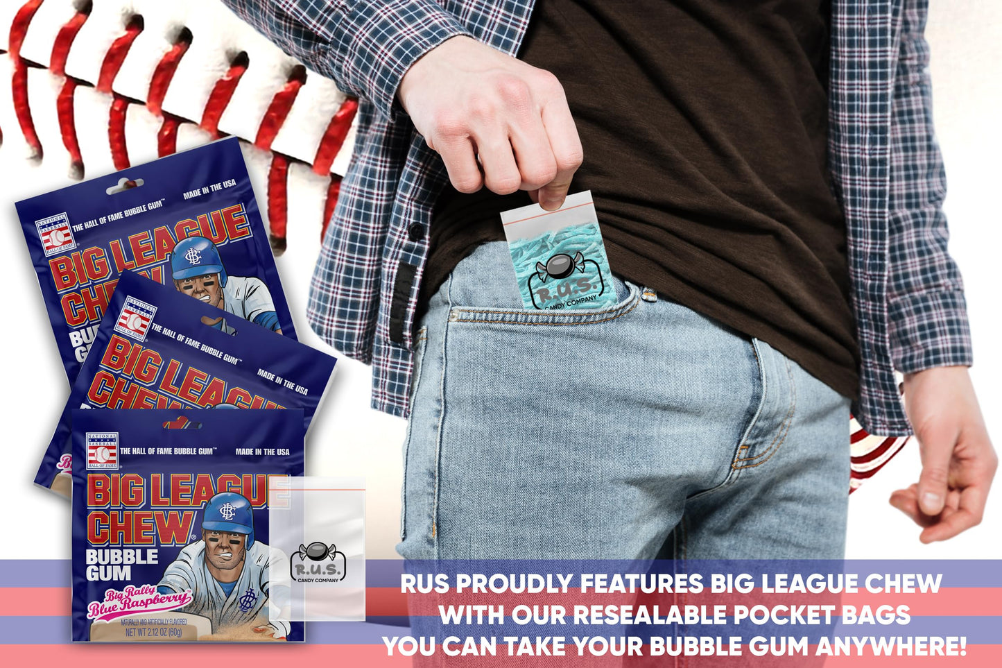 Big League Chew- Big Rally Blue Raspberry Flavored Shredded Bubble Gum- 3 Pack- 2.12Oz Each Plus Rus Candy Company Pocket Bag Bu
