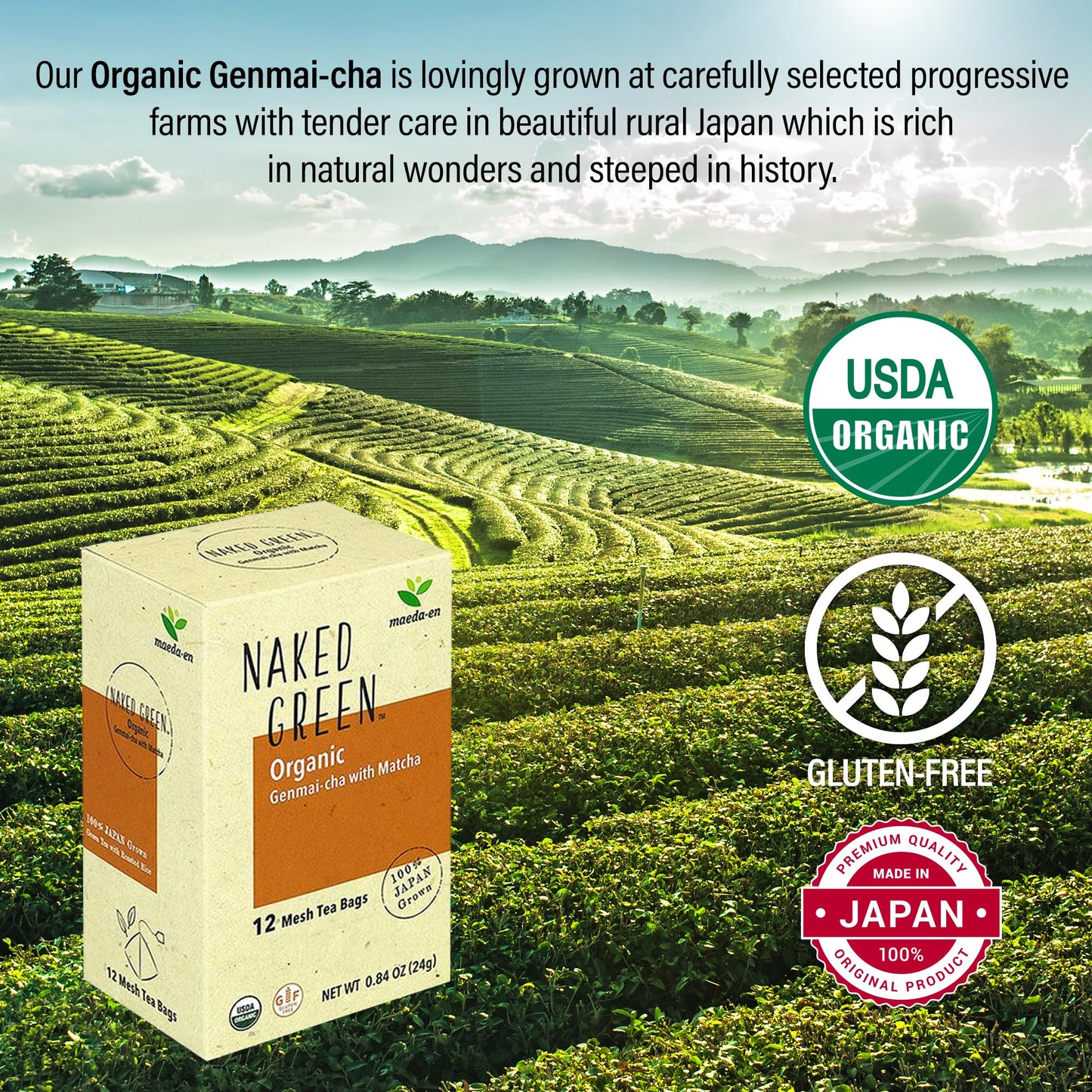 Maeda-En Naked Green Organic Genmai-Cha With Matcha 12 Tea Bags Hot Or Cold Drink Green Tea Japanese Origin Individually Wrapped