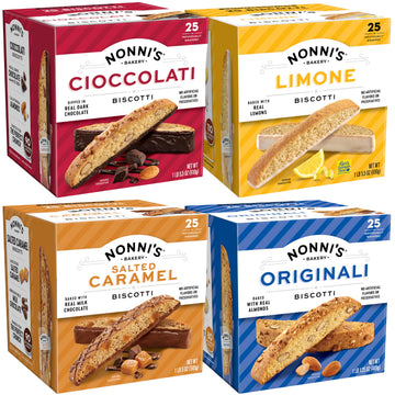 Nonnis Biscotti Variety Pack - 4 Flavors (Originali, Cioccolati, Limone, Salted Caramel) - 100 Individually Wrapped Italian Coo