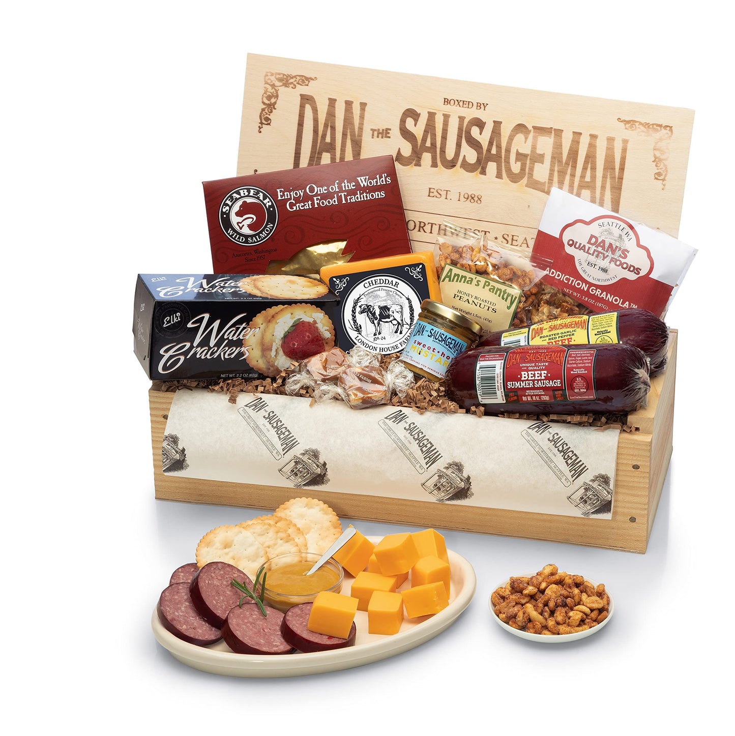 DAN THE SAUSAGEMAN Gourmet Gift Basket - Smoked Summer Sausage, Salmon, Wisconsin Cheese, Mustard - 8 Piece Set