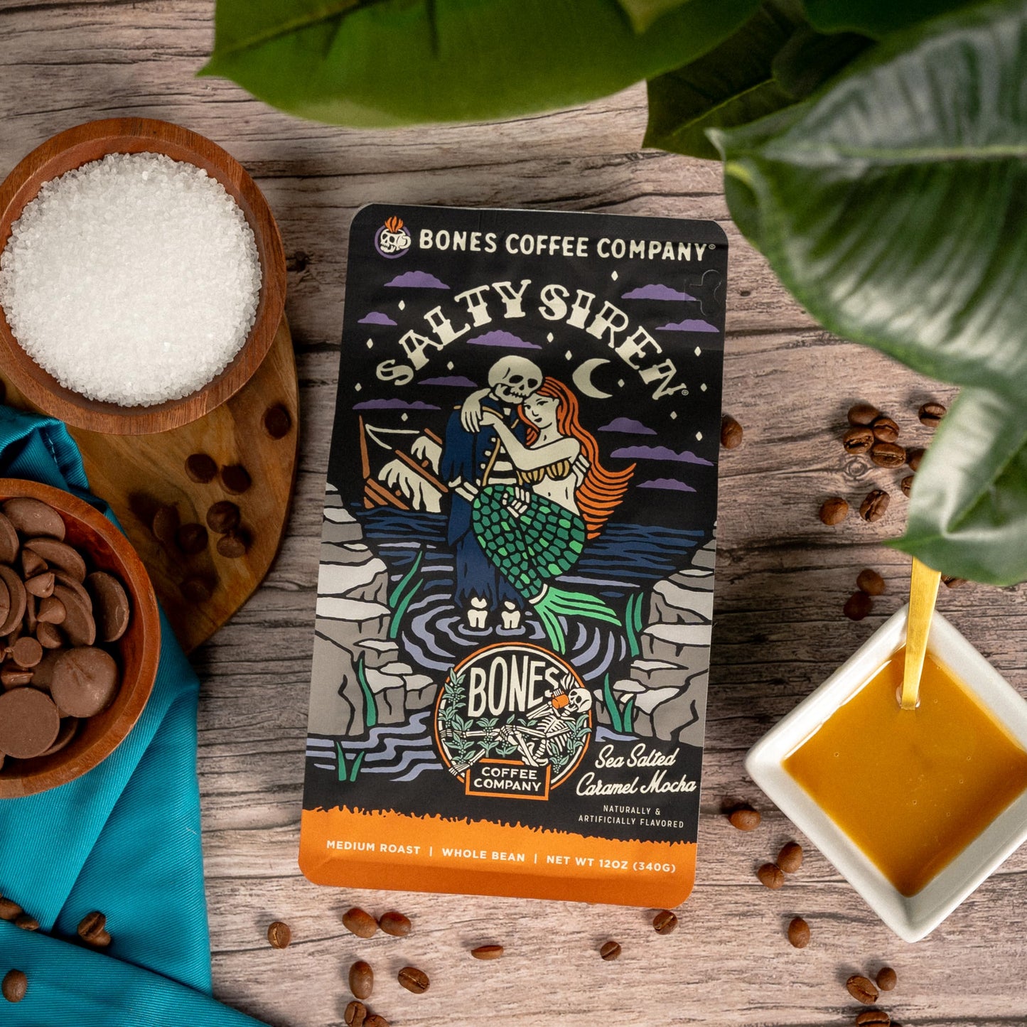 Bones Coffee Company Salty Siren Ground Coffee Beans Caramel Chocolate Flavor | 12 Oz Flavored Coffee Gifts Low Acid Medium Roast Gourmet Coffee Beverages (Ground)