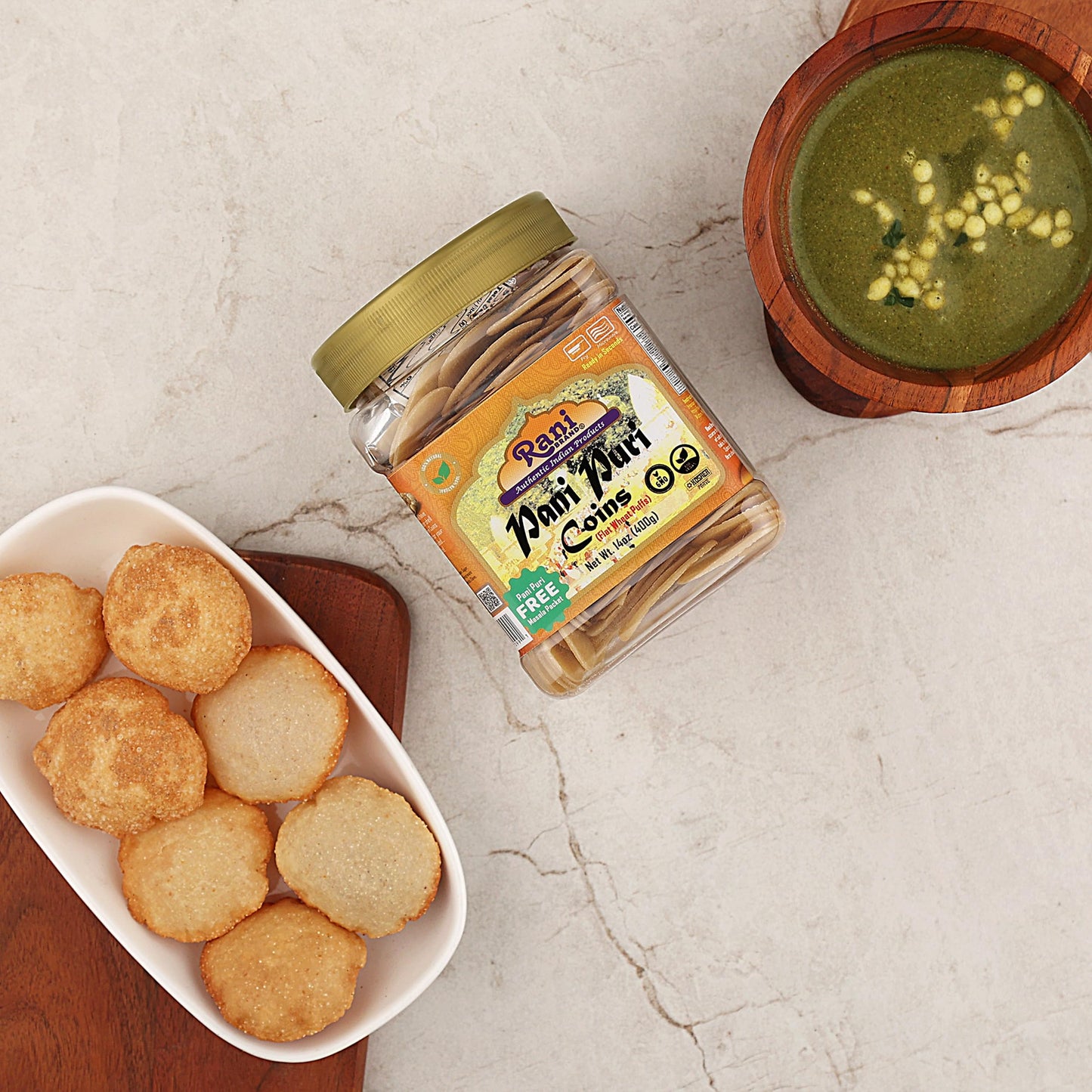 Rani Pani Puri Coins (Uncooked, Microwaveable Wheat Semolina Coins) 14oz (400g) w/Pani Puri Masala (14-Spice Blend for Indian Sp
