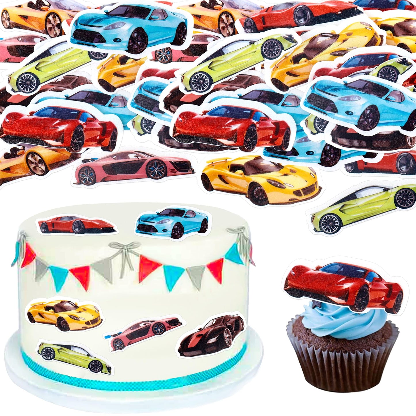 Cyodoos 45PCS Edible Wafer Paper Race Car Cupcake Toppers Car Party Decoration Drink Topper Birthday Party Supplies Car Themed P