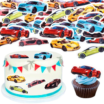 Cyodoos 45PCS Edible Wafer Paper Race Car Cupcake Toppers Car Party Decoration Drink Topper Birthday Party Supplies Car Themed P