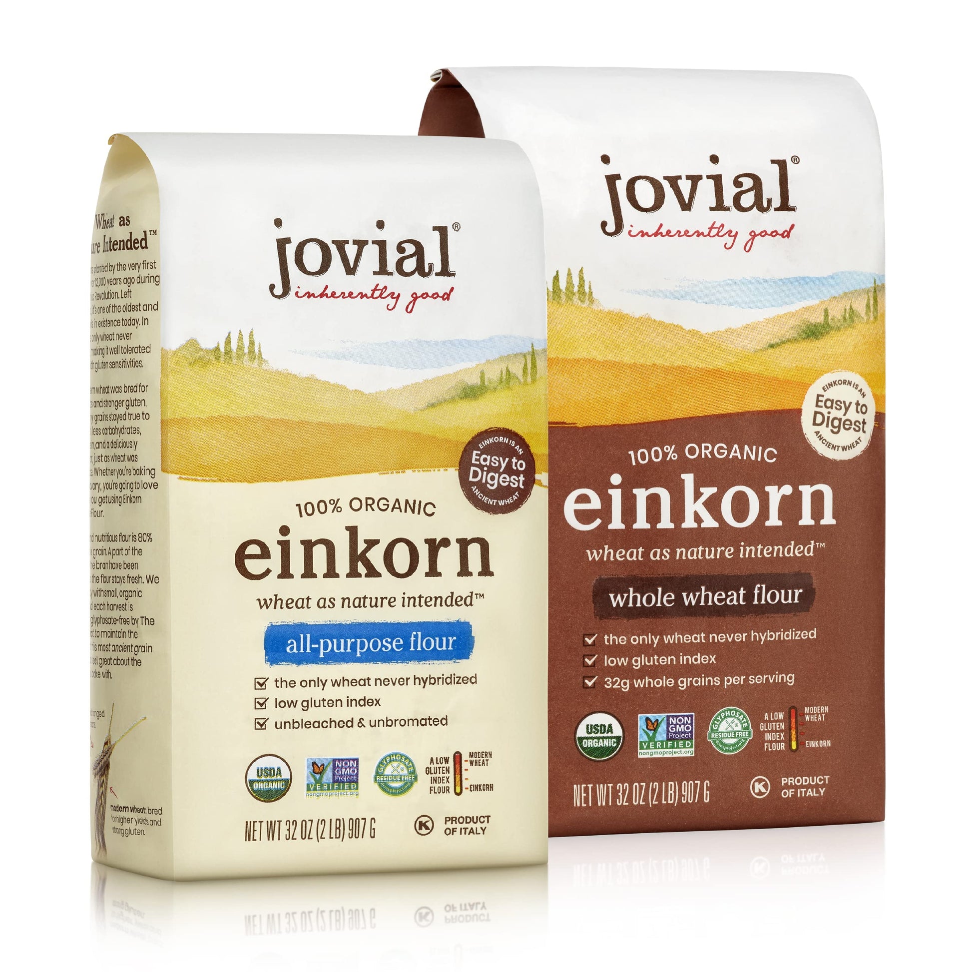 Jovial Einkorn 100% Organic Einkorn Baking Flour Variety Pack (All Purpose Flour & Whole Wheat Flour) - High Protein  Non-Gmo  Usda Certified Organic  Product Of Italy - 32 Oz  2 Pack