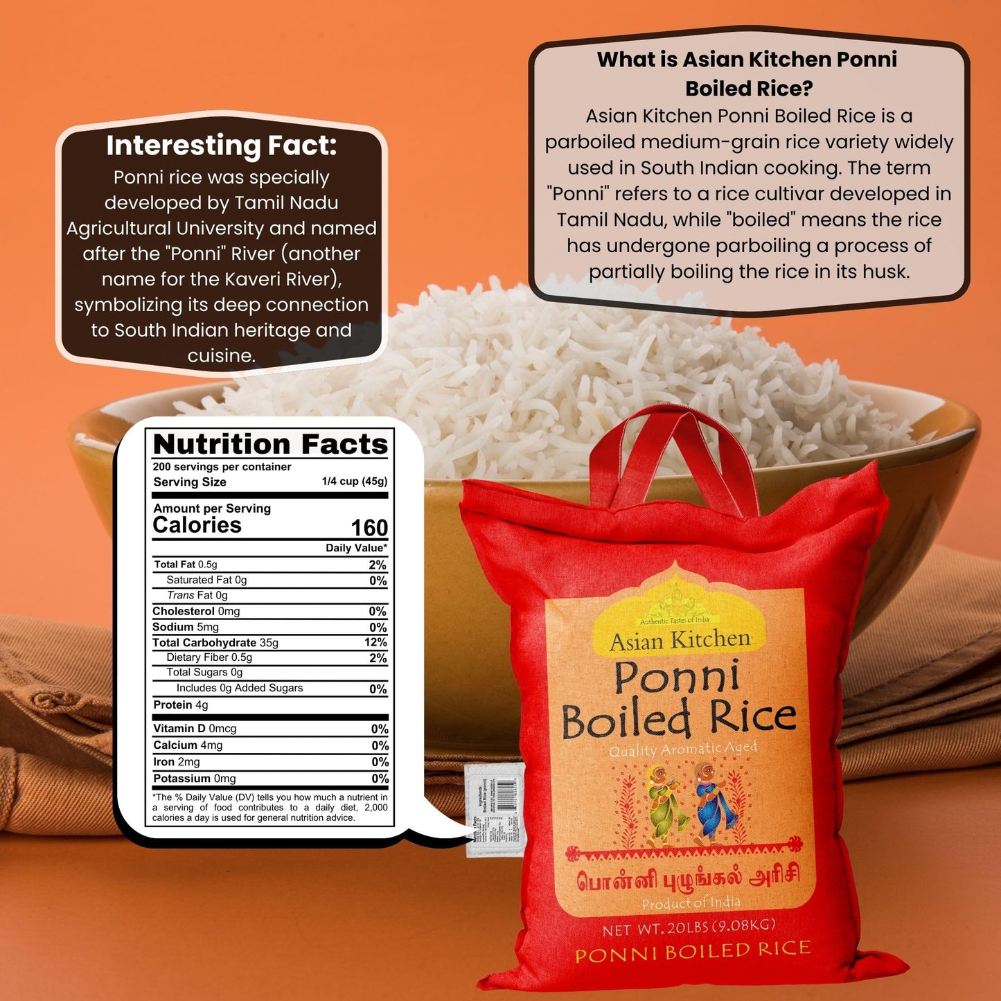 Asian Kitchen Ponni Boiled Rice, Short Grain, Gluten Free, Vegan, 20 lbs (9.08 kg), All Natural, Indian Origin
